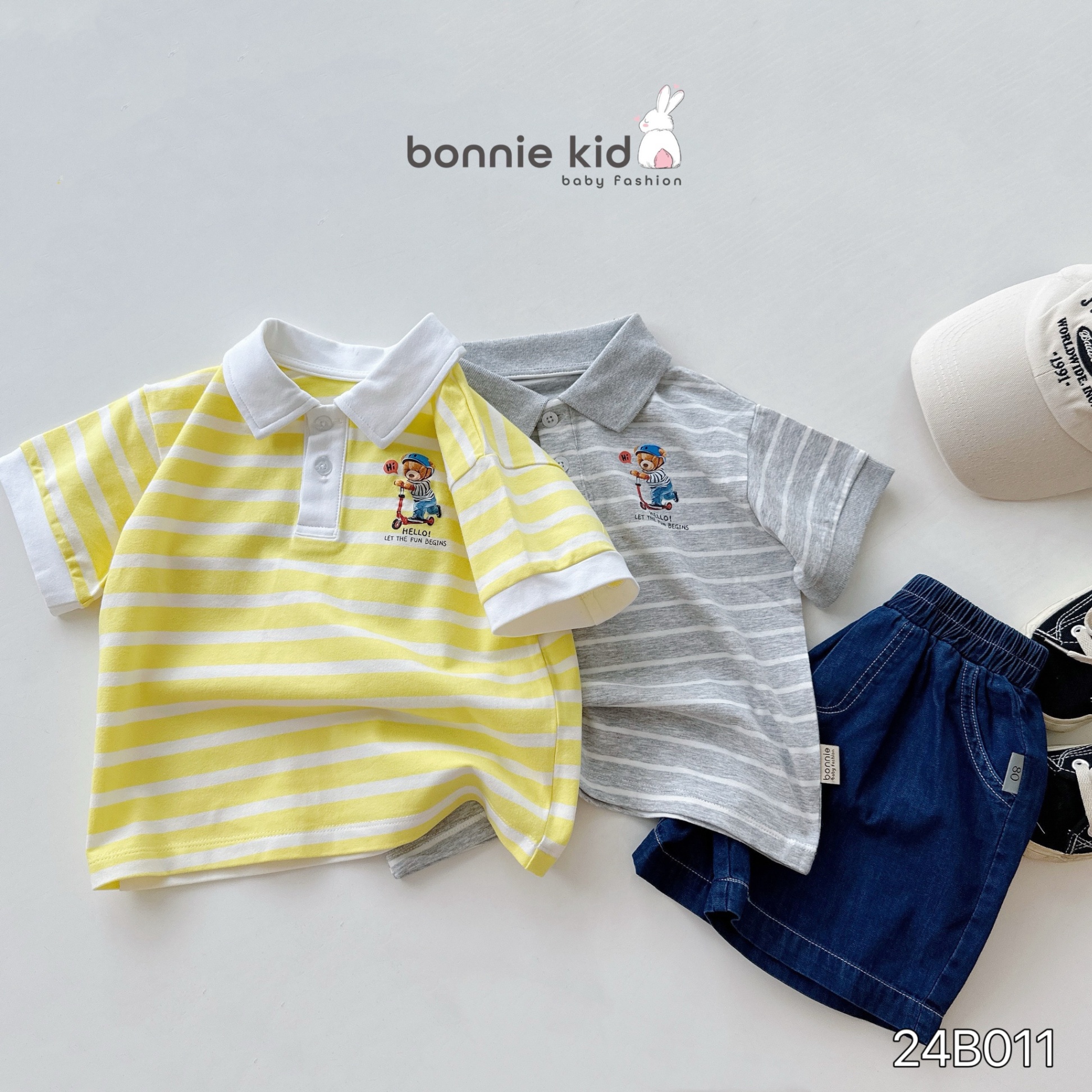 Bộ áo polo cộc tay in hình gấu phối quần đùi bò Bonnie cho bé