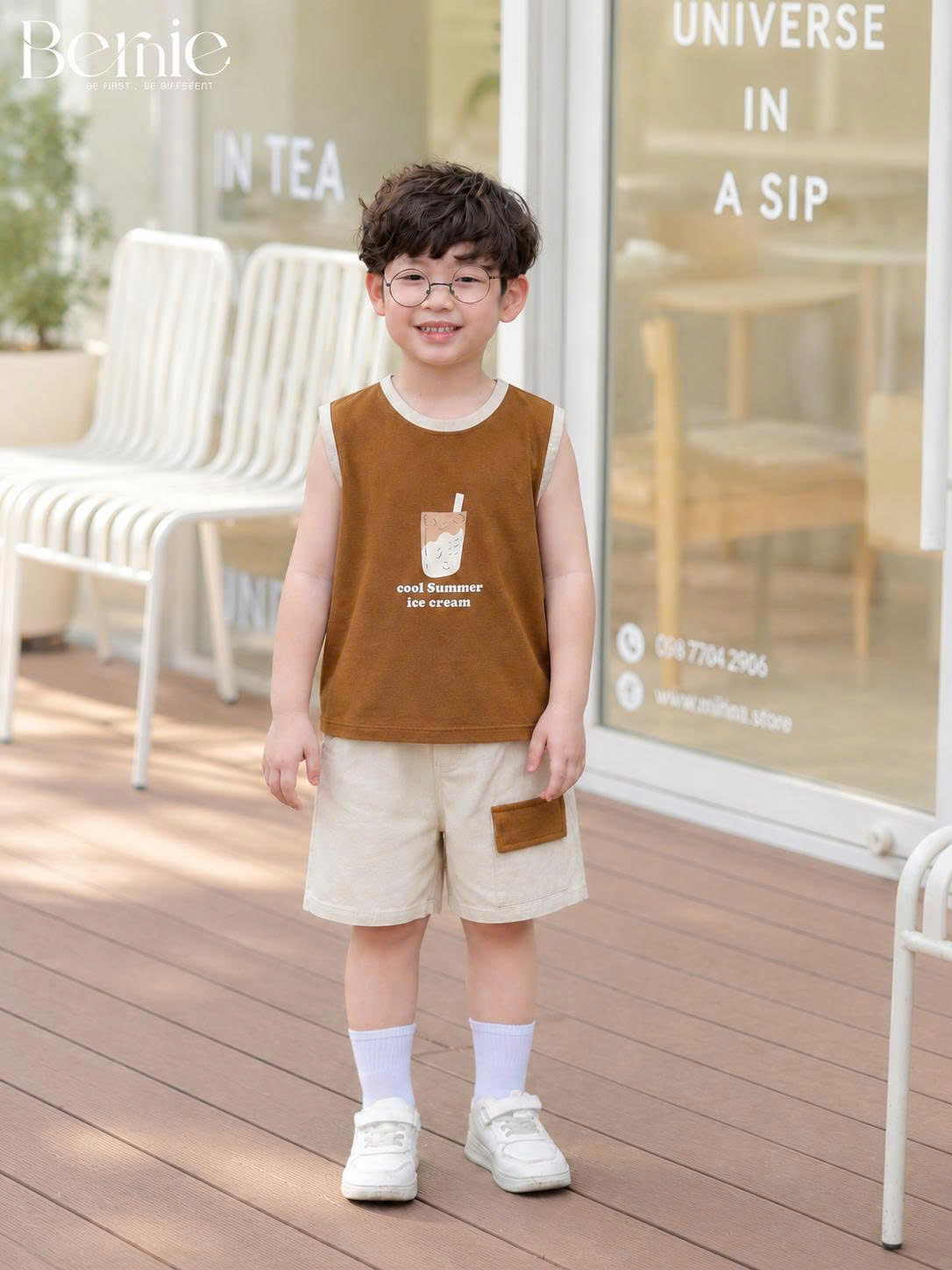 Bộ ba lỗ bé trai họa tiết trà sữa Bernie cho bé trai