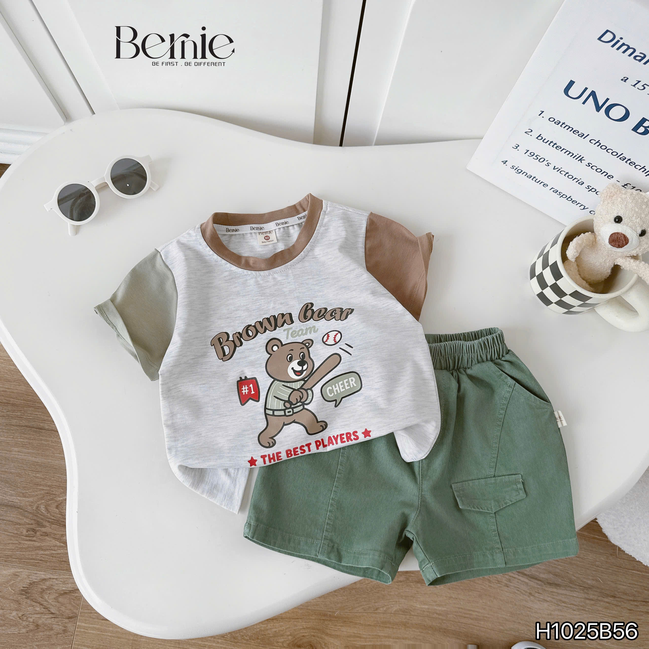 Bộ cộc thể thao phối tay in hình gấu, sóc Bernie