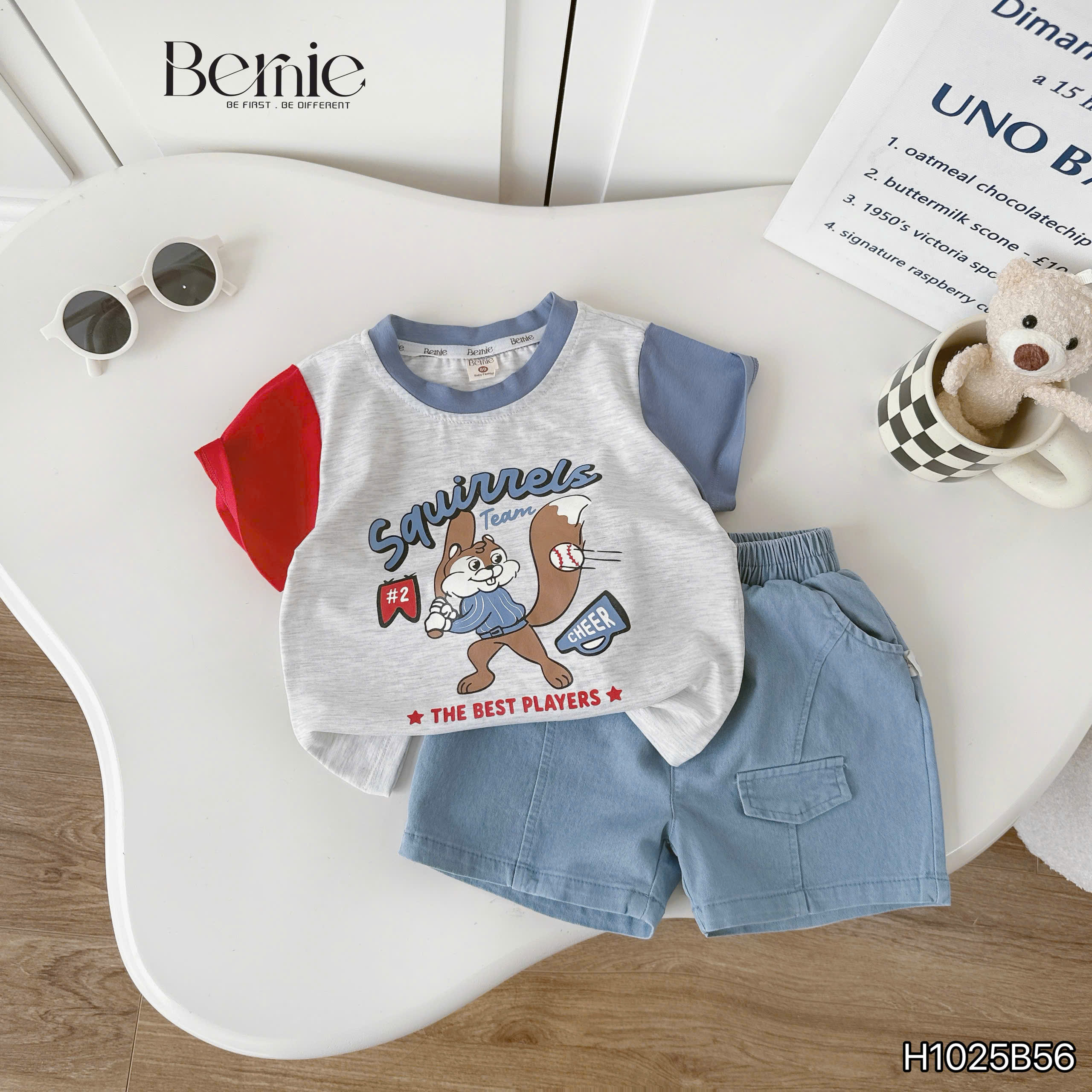Bộ cộc thể thao phối tay in hình gấu, sóc Bernie