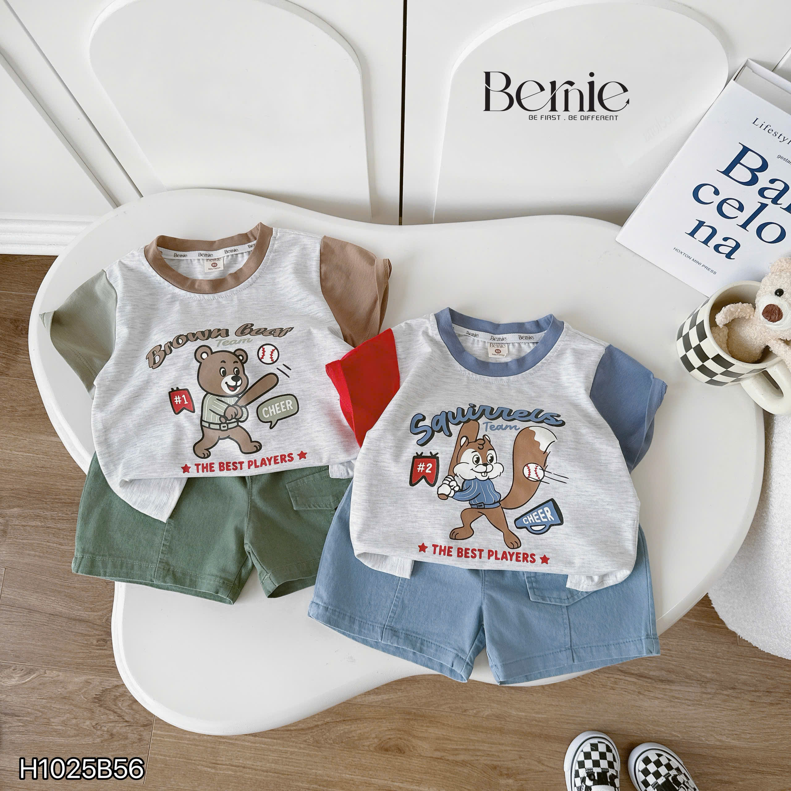 Bộ cộc thể thao phối tay in hình gấu, sóc Bernie