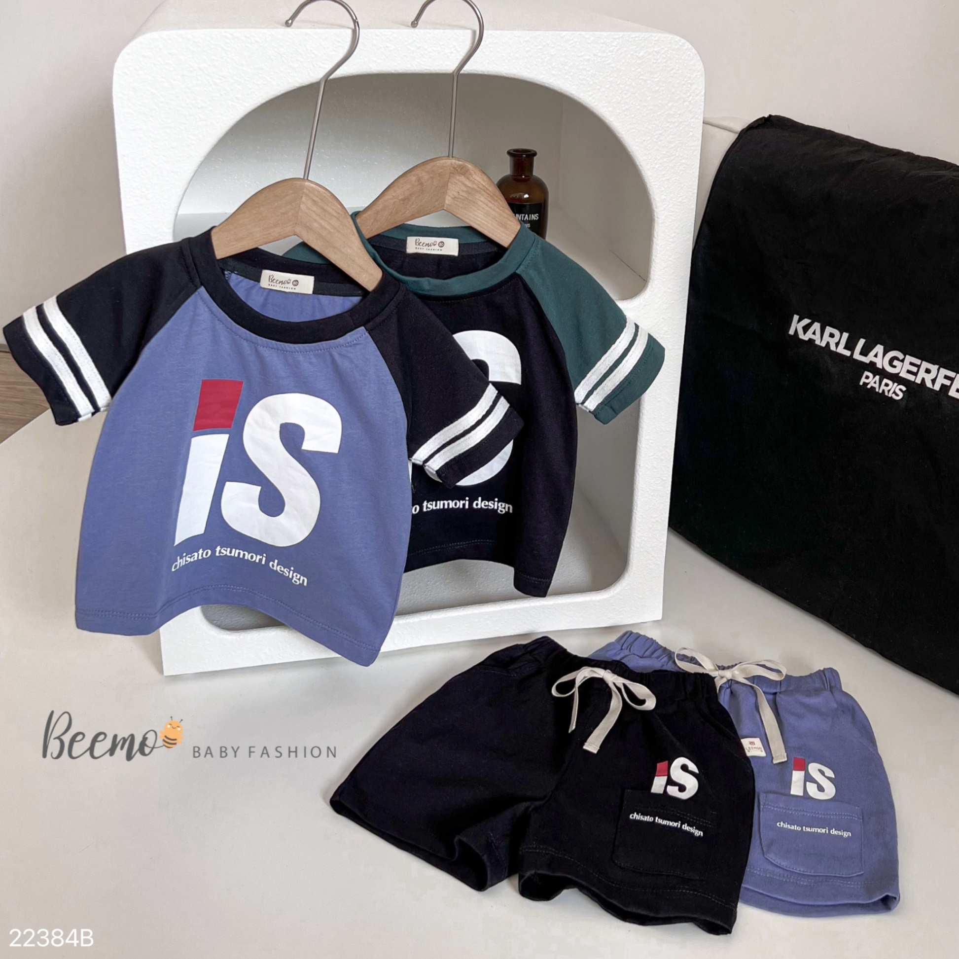 Bộ cotton cộc hình in chữ IS nổi bật tay áo may dây dệt cá tính dáng thể thao Beemo cho bé