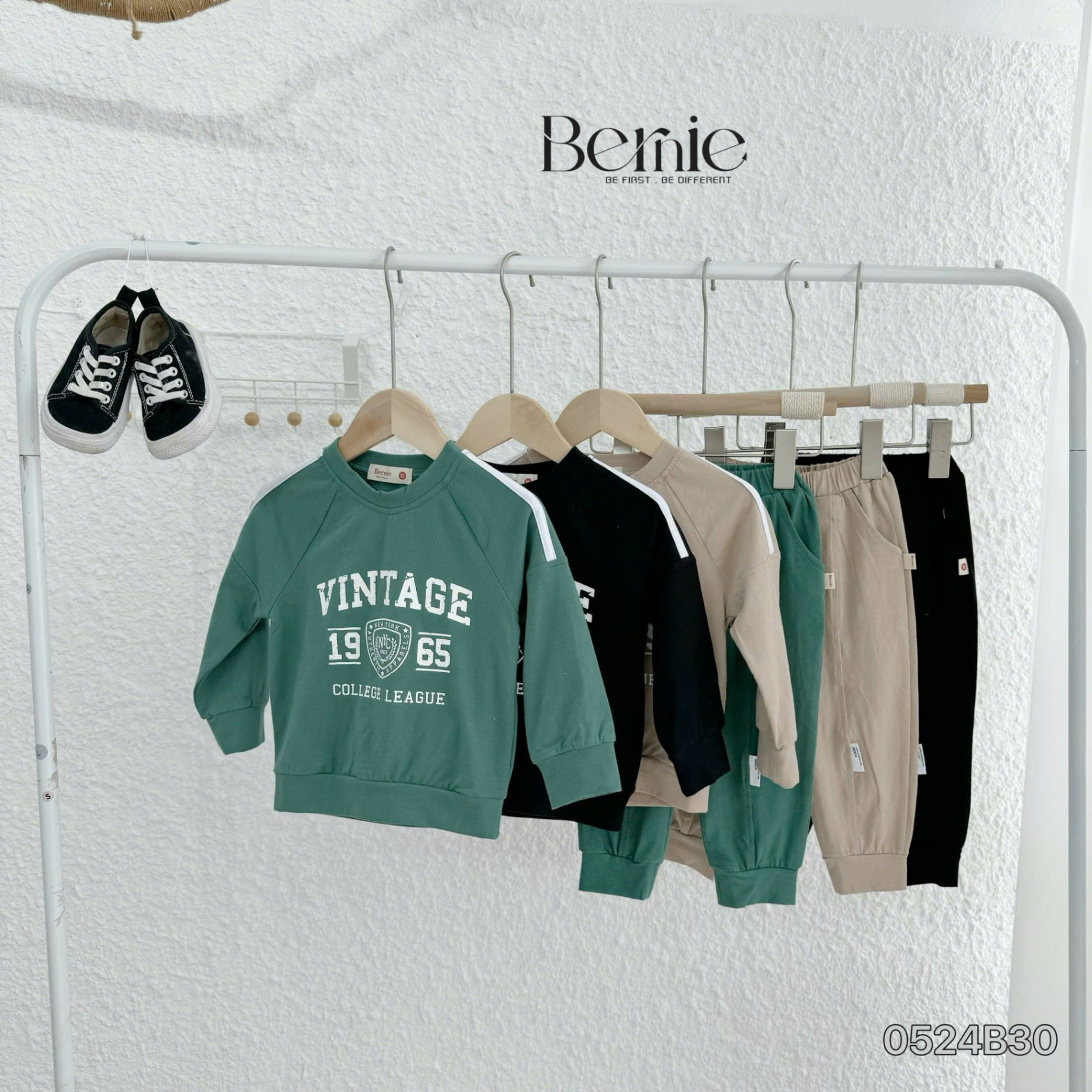 Bộ cotton da cá dài tay thể thao vintage 1965 Bernie cho bé