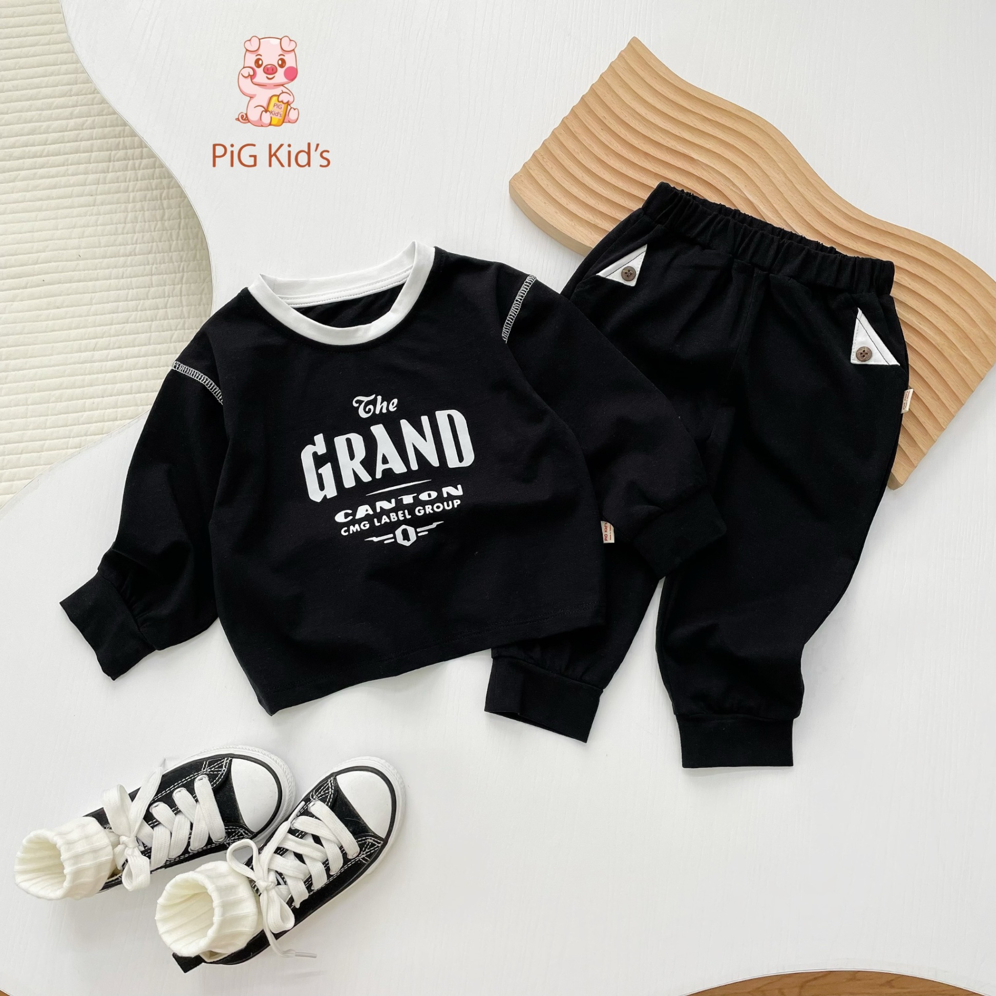 Bộ cotton dài tay bo gấu the grand Pig Kid cho bé