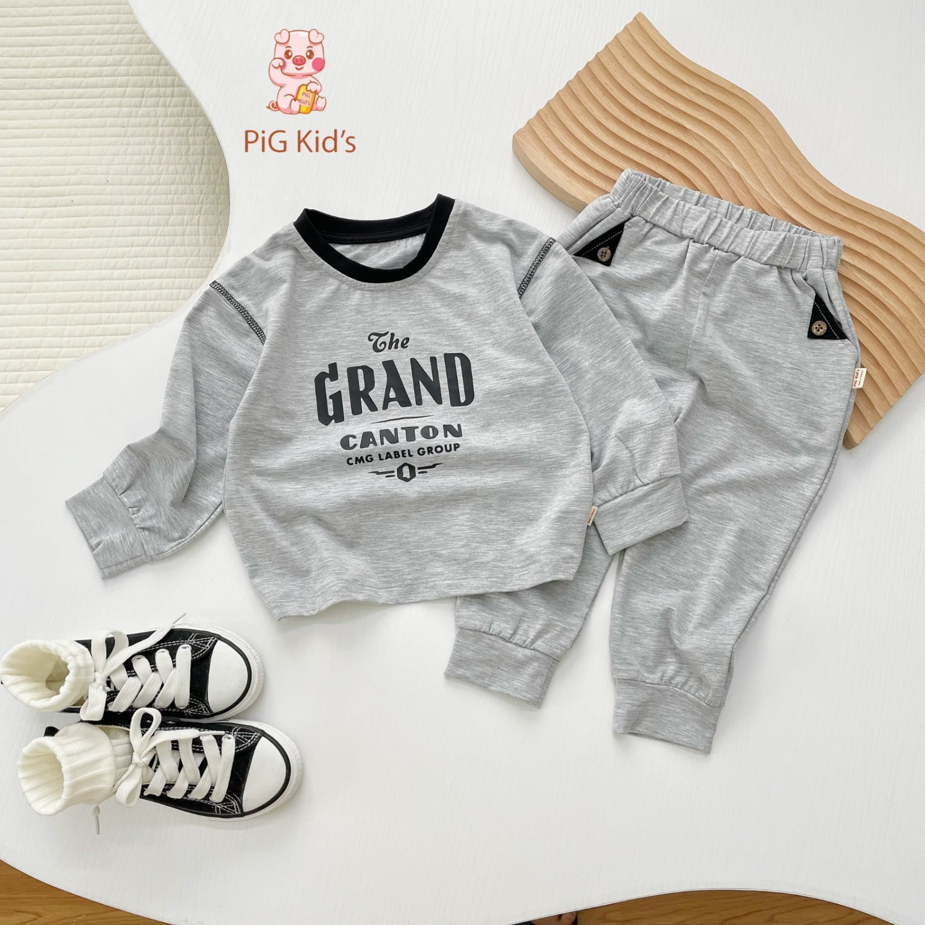 Bộ cotton dài tay bo gấu the grand Pig Kid cho bé