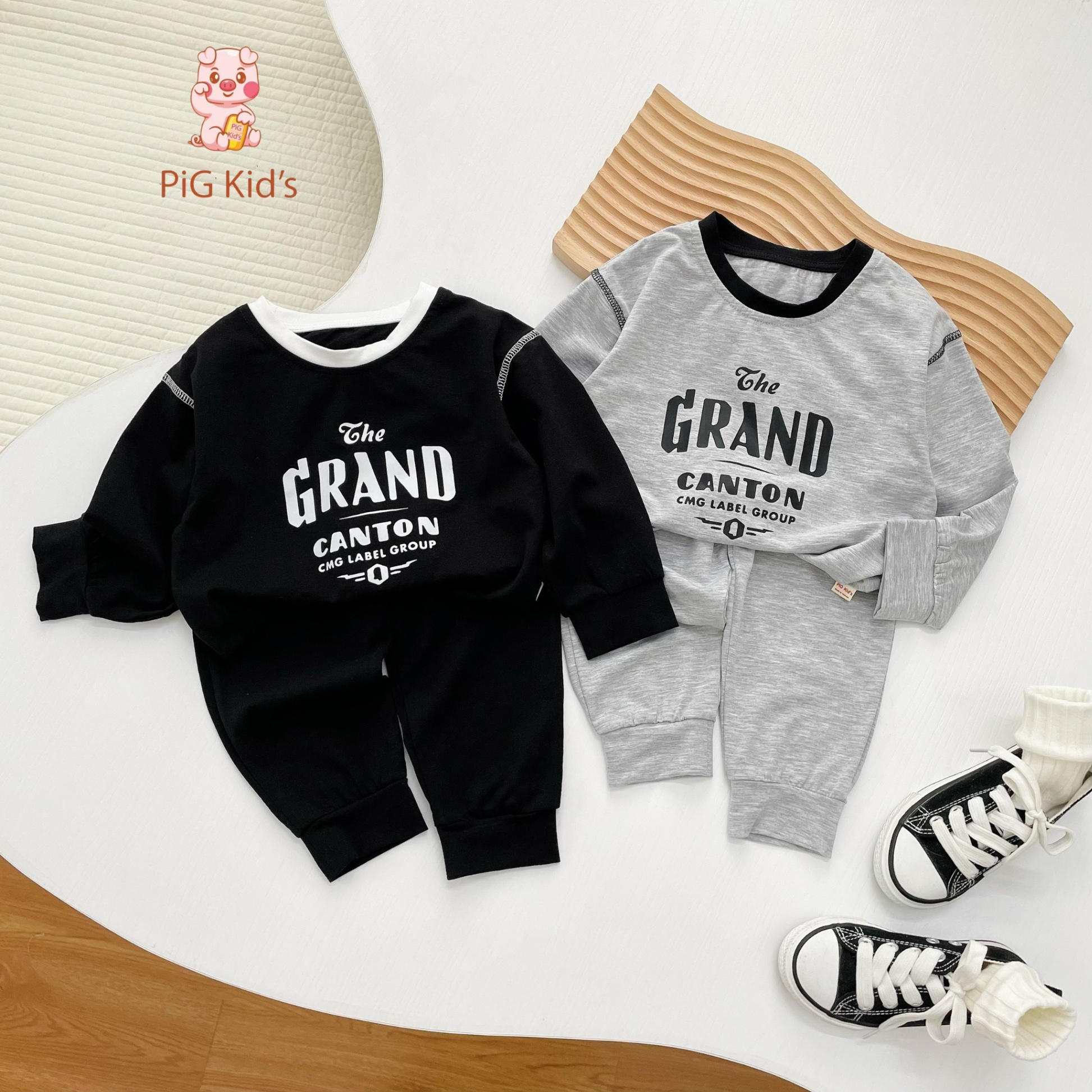 Bộ cotton dài tay bo gấu the grand Pig Kid cho bé