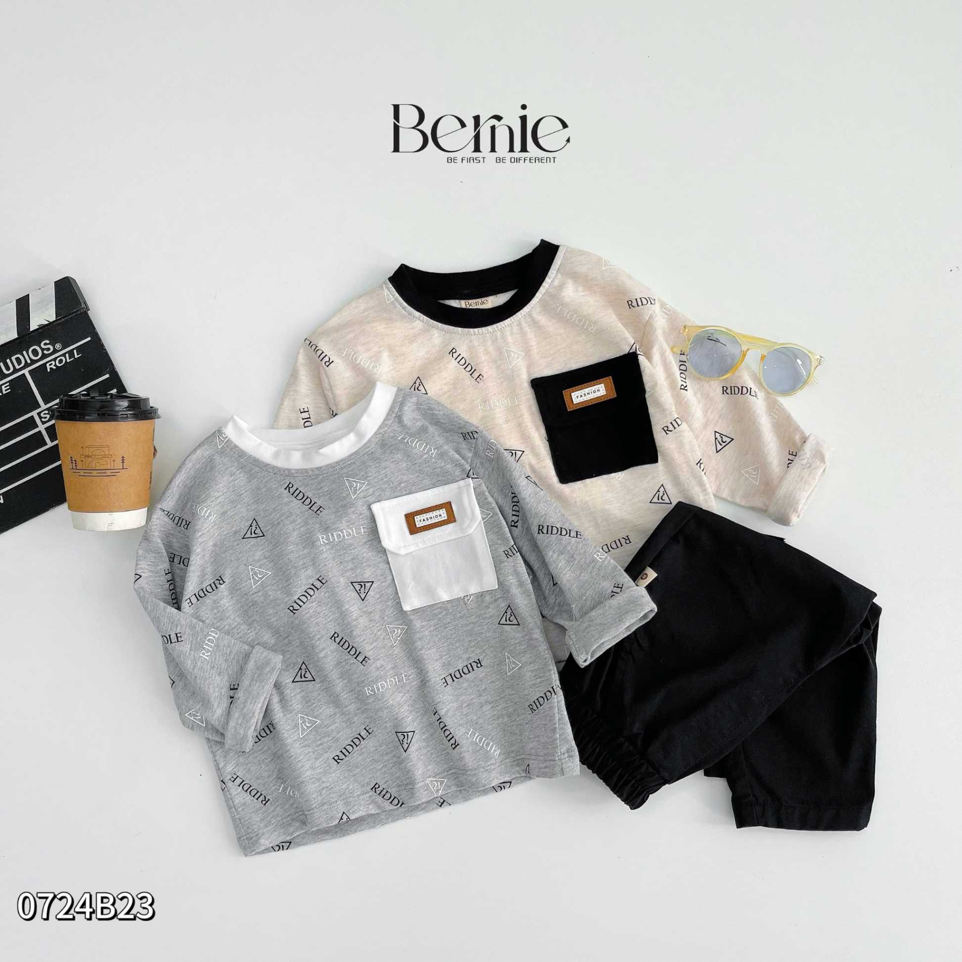 Bộ cotton dài tay họa tiết Riddle túi ngực đính tag Bernie cho bé