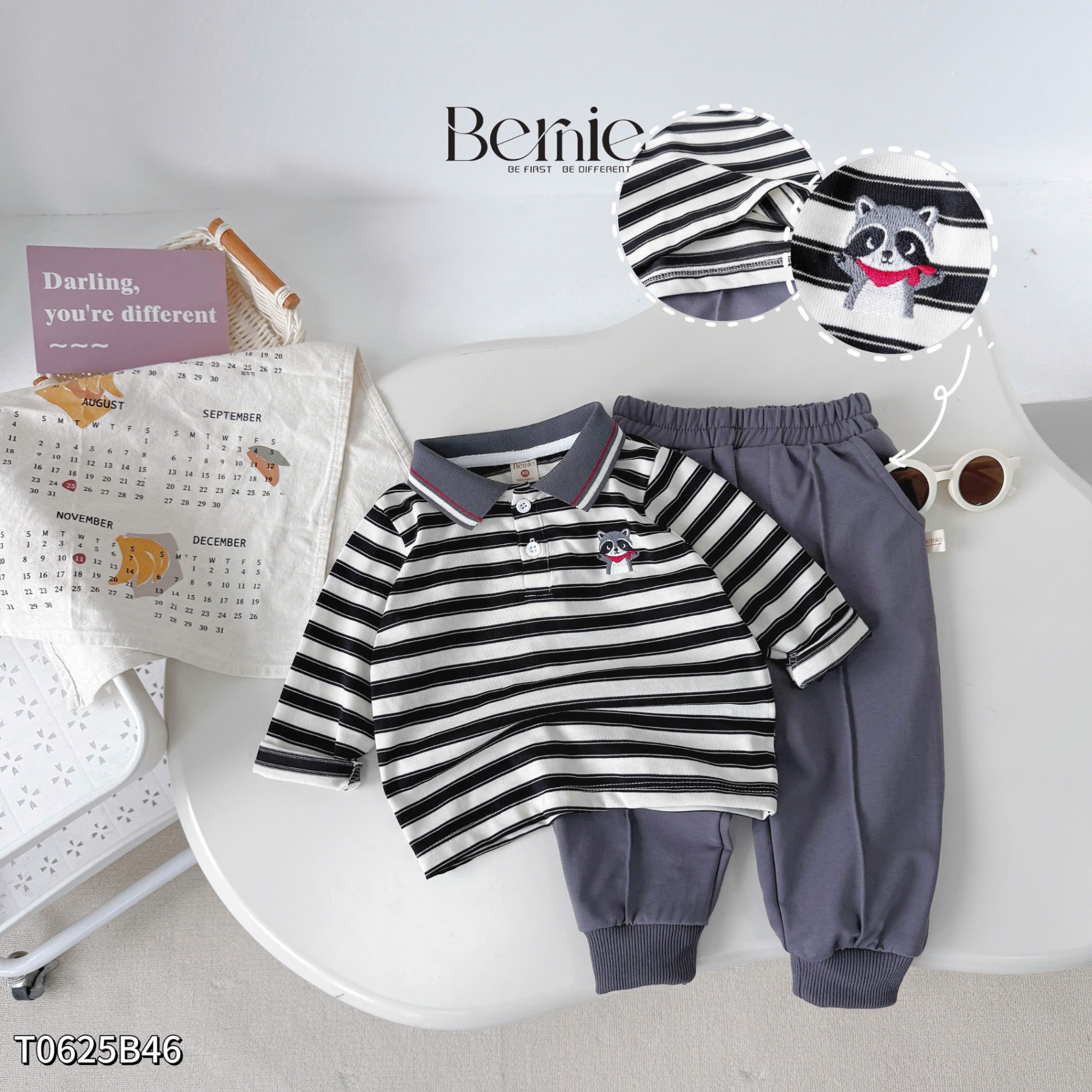 Bộ cotton dài tay kẻ ngang hình thủ lĩnh racoon Bernie