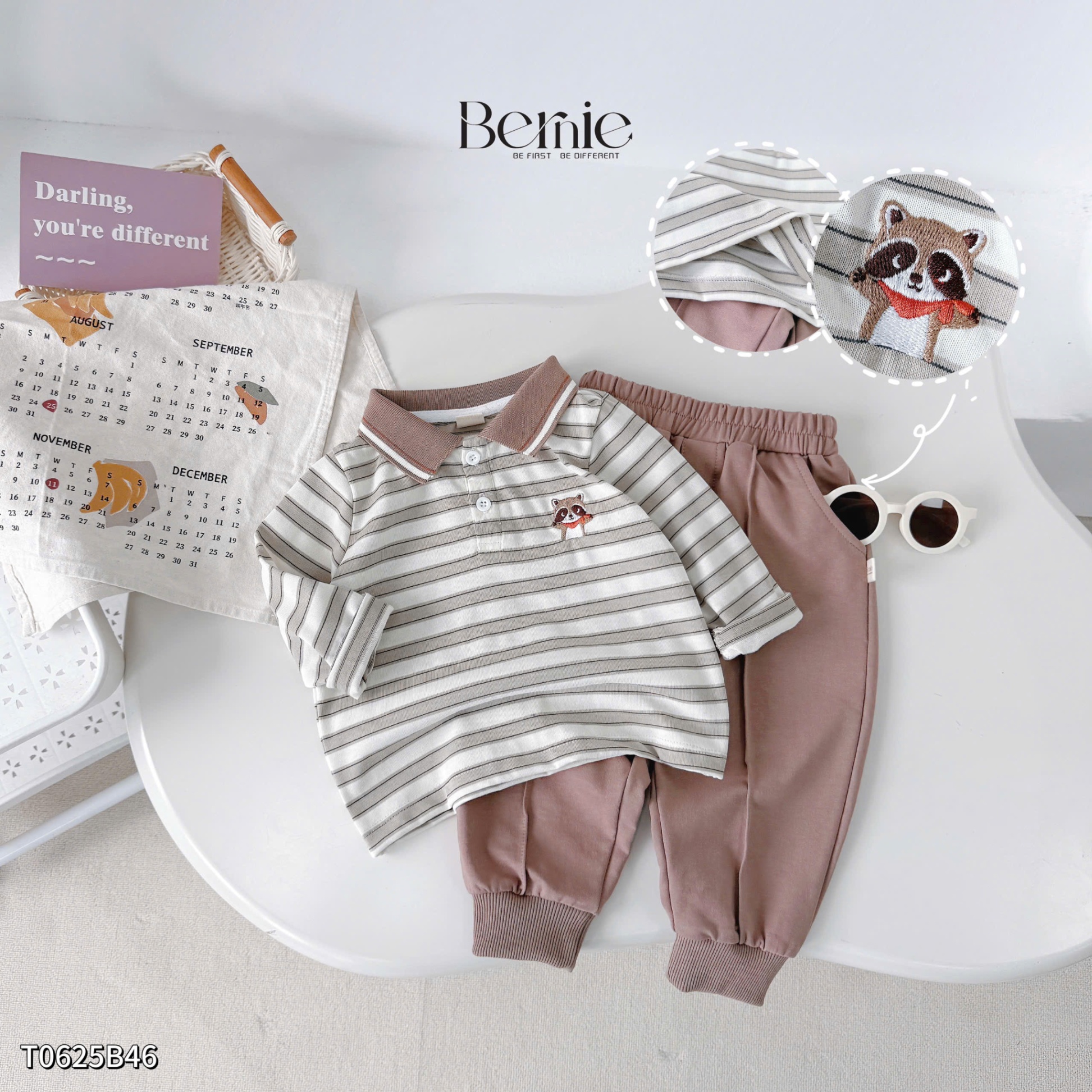 Bộ cotton dài tay kẻ ngang hình thủ lĩnh racoon Bernie