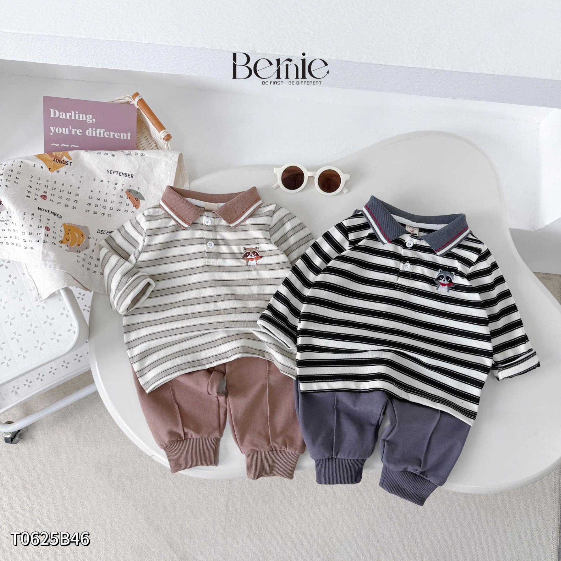 Bộ cotton dài tay kẻ ngang hình thủ lĩnh racoon Bernie