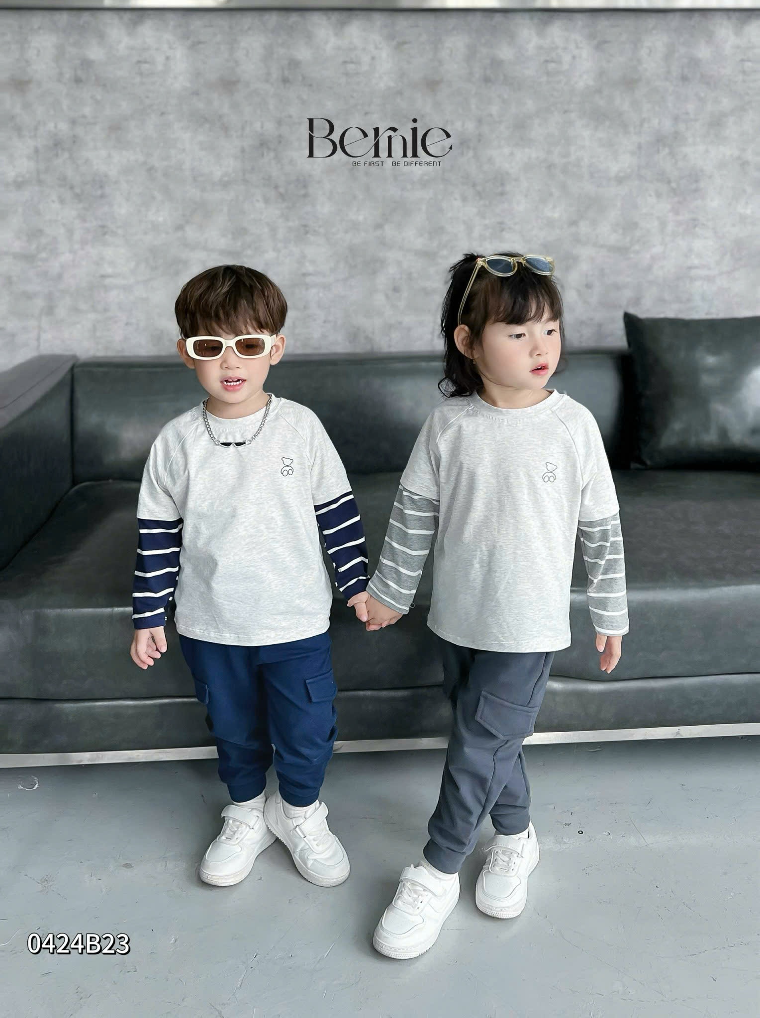 Bộ cotton dài tay phối kẻ in hình gấu Bernie cho bé trai bé gái