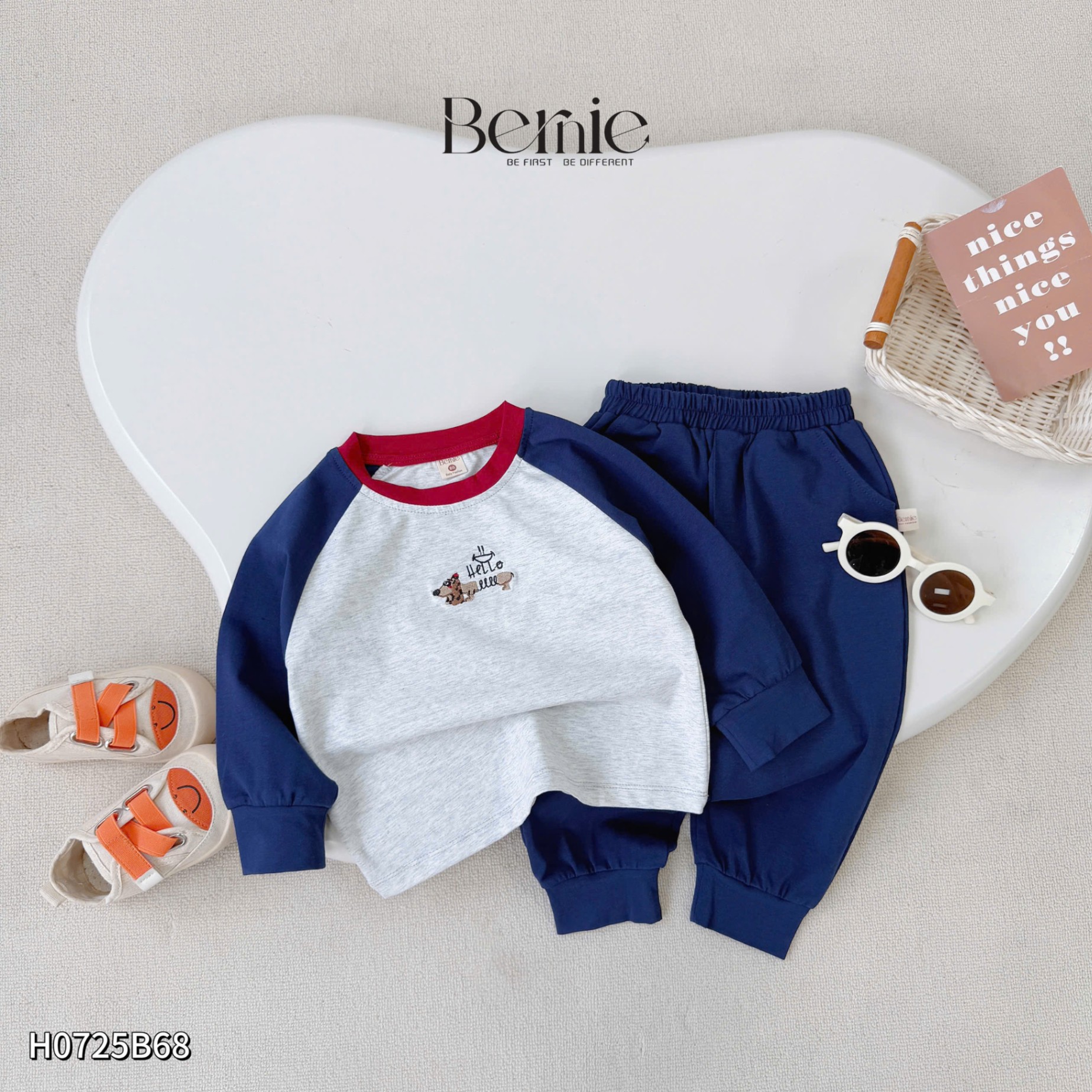 Bộ cotton dài tay raglan thêu ngực Bernie