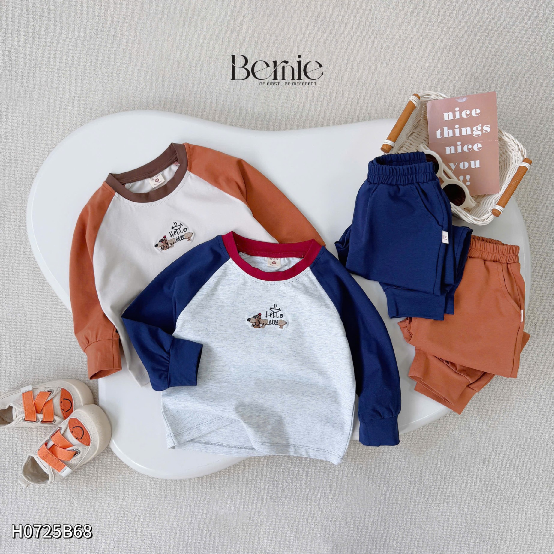 Bộ cotton dài tay raglan thêu ngực Bernie