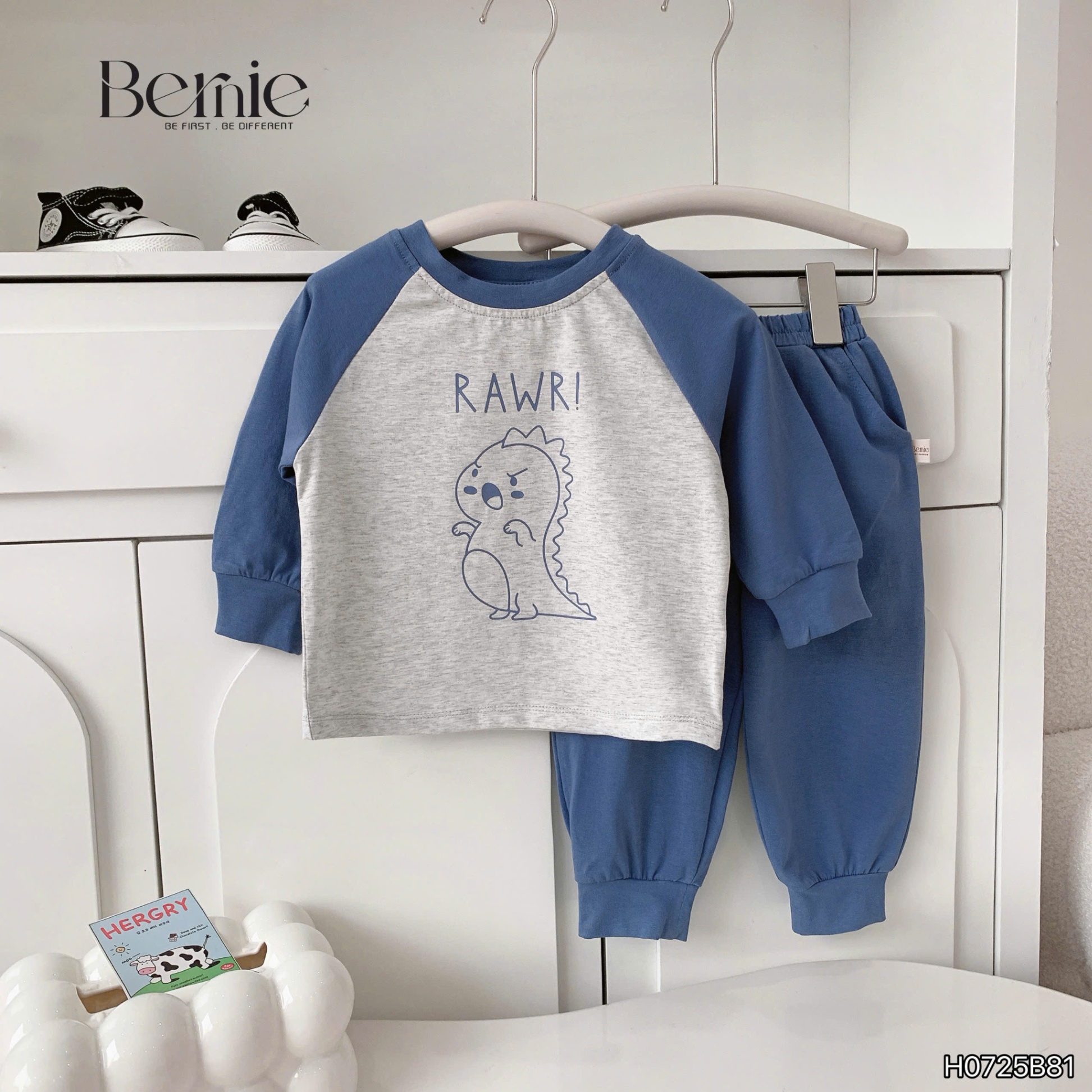 Bộ cotton zaglan mềm mại in họa tiết khủng long Bernie