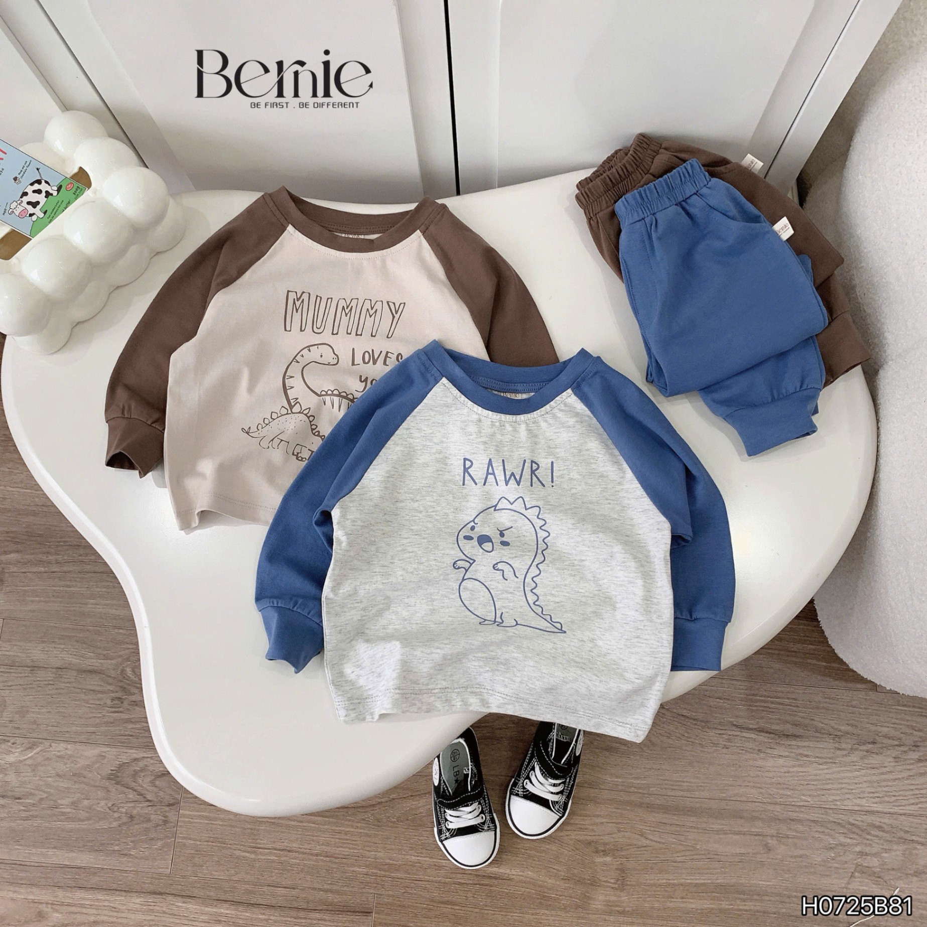 Bộ cotton zaglan mềm mại in họa tiết khủng long Bernie