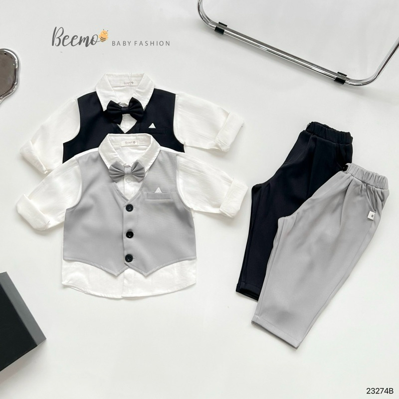 Bộ gile sơ mi trắng phối quần baggy kèm nơ cổ Beemo cho bé, bộ sơ mi công tử 3 chi tiết fom to