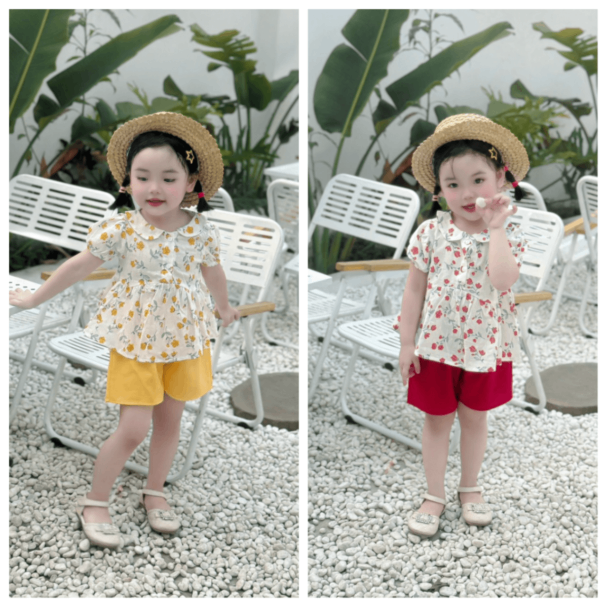 Bộ linen cộc áo cổ sen kết hợp quần đùi Mozi cho bé gái