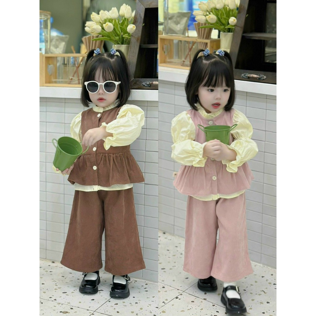 Bộ nhung tiểu thư gile phối sơ mi dài tay điệu đà Mozi cho bé gái