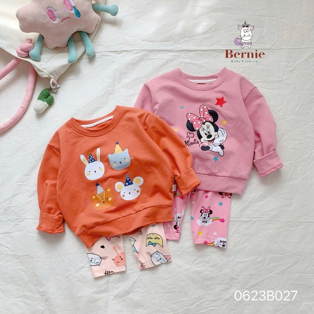 Bộ nỉ áo da cá họa tiết hoạt hình phối quần dáng legging cotton Bernie cho bé gái