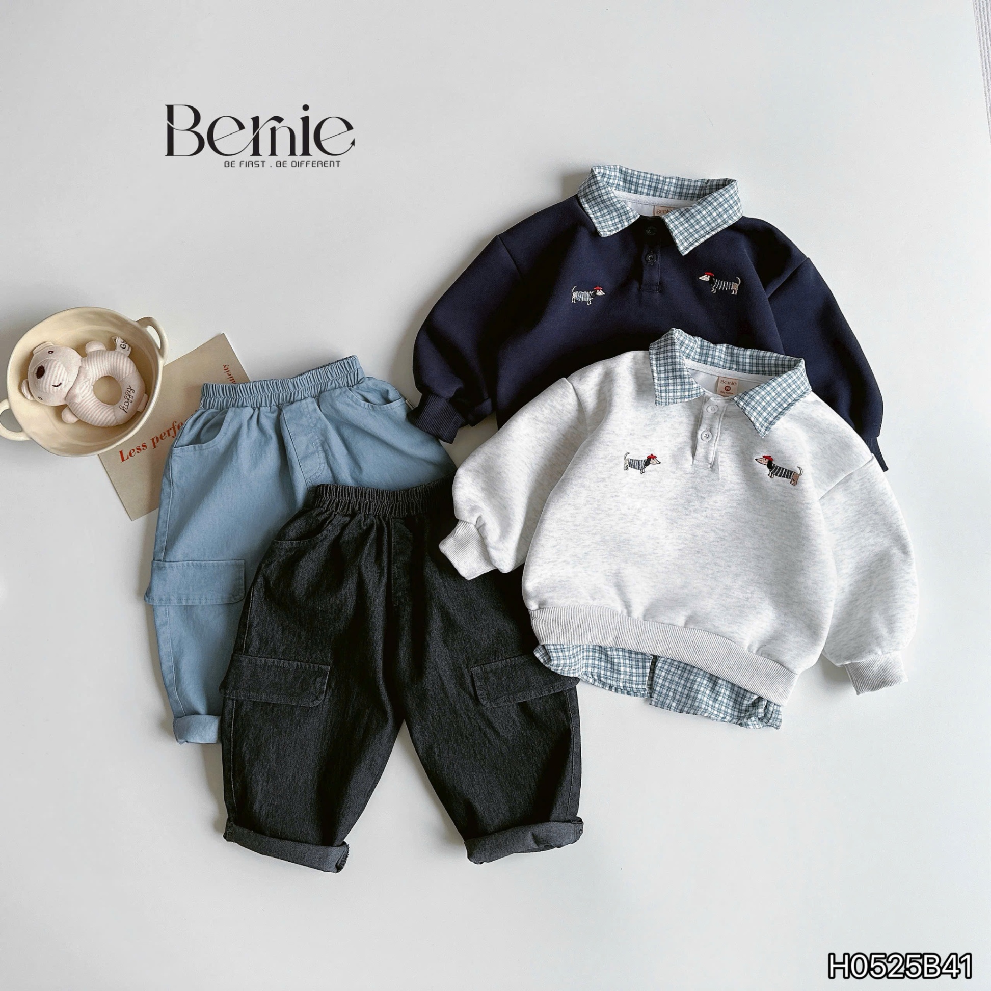 Bộ nỉ phối kẻ thêu ngực Bernie
