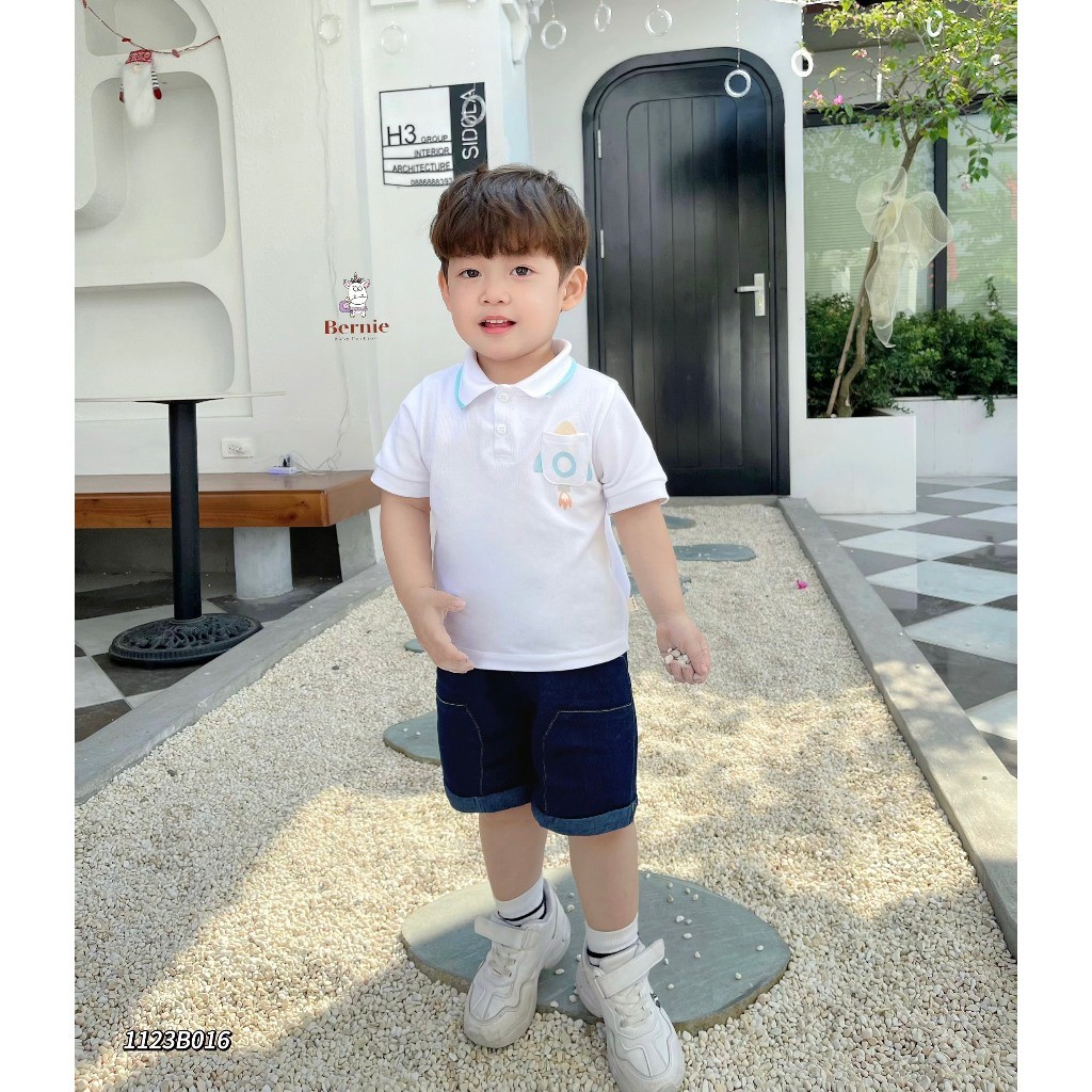 Bộ polo áo cộc in hình phối quần bò Bernie cho bé trai