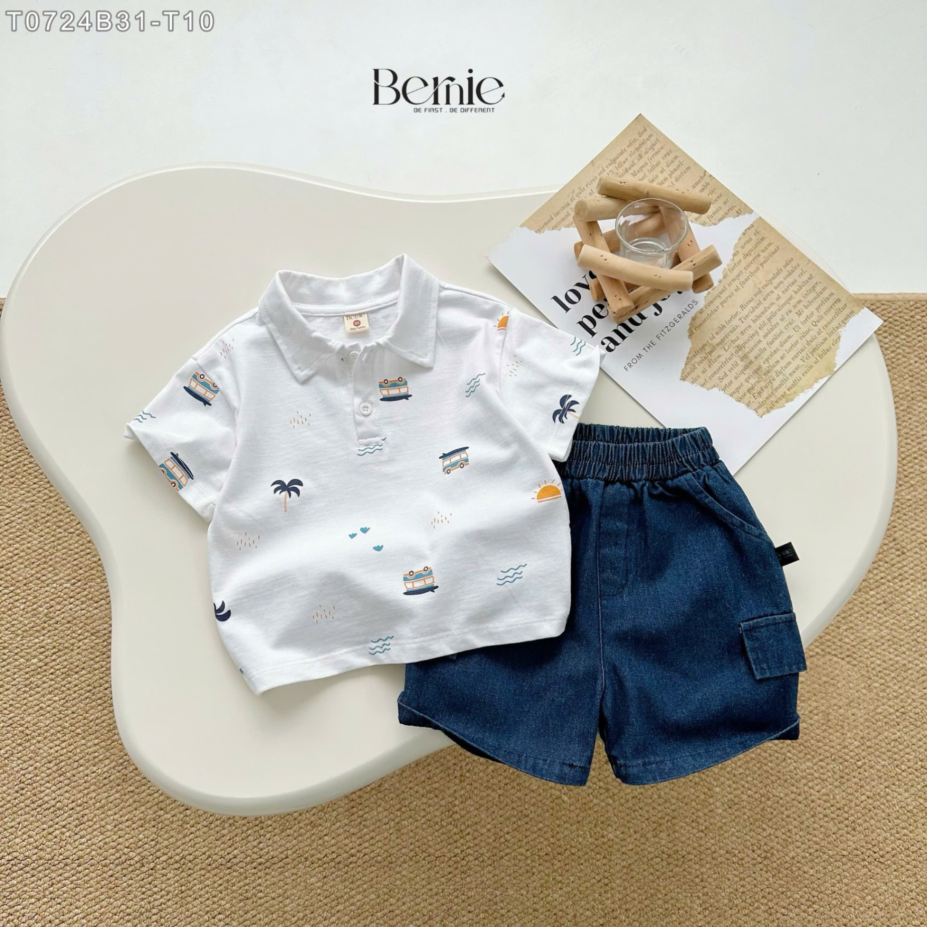 Bộ polo cộc tay họa tiết in tràn summer phối quần short (sooc) Bernie cho bé