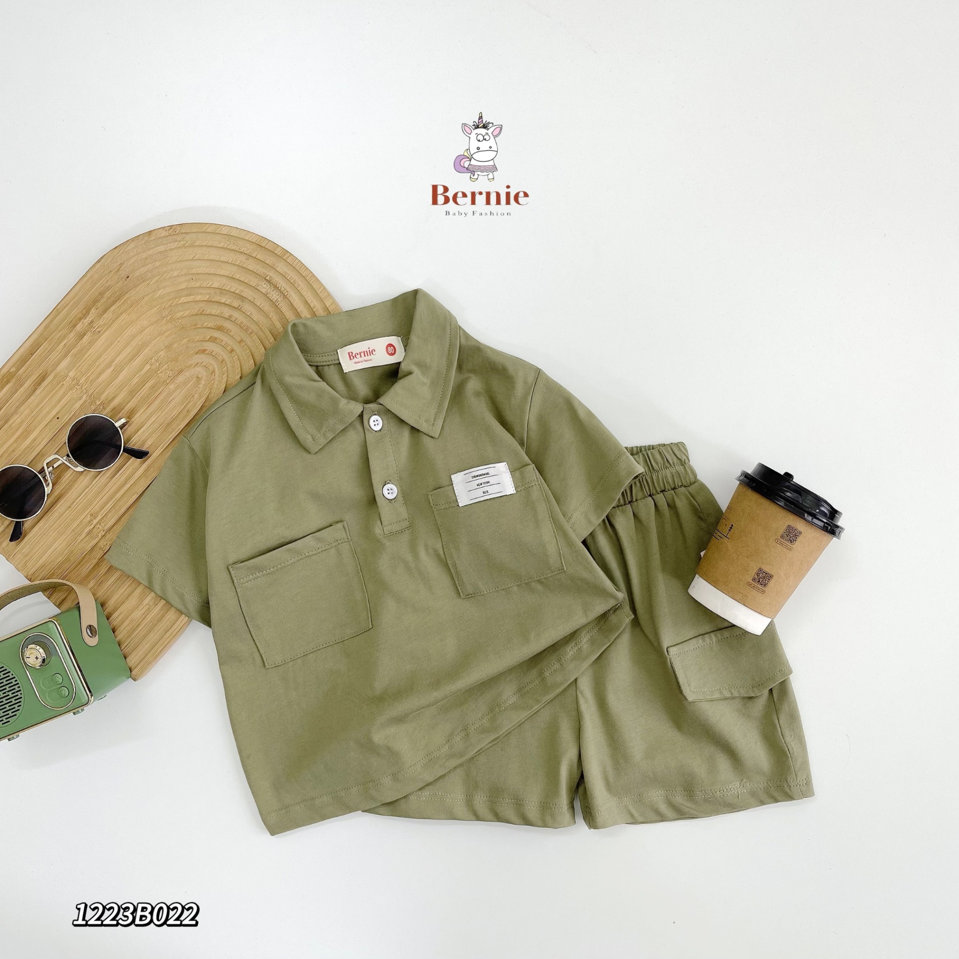 Bộ polo cotton cộc tay gắn tag Bernie cho bé