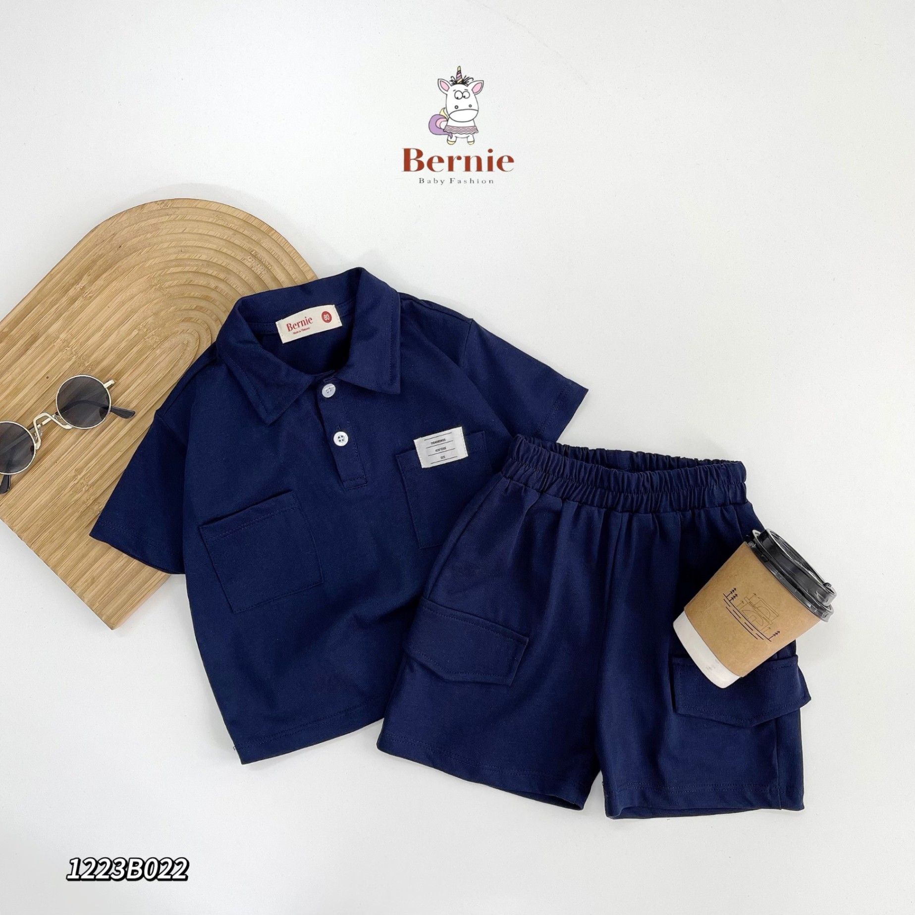 Bộ polo cotton cộc tay gắn tag Bernie cho bé