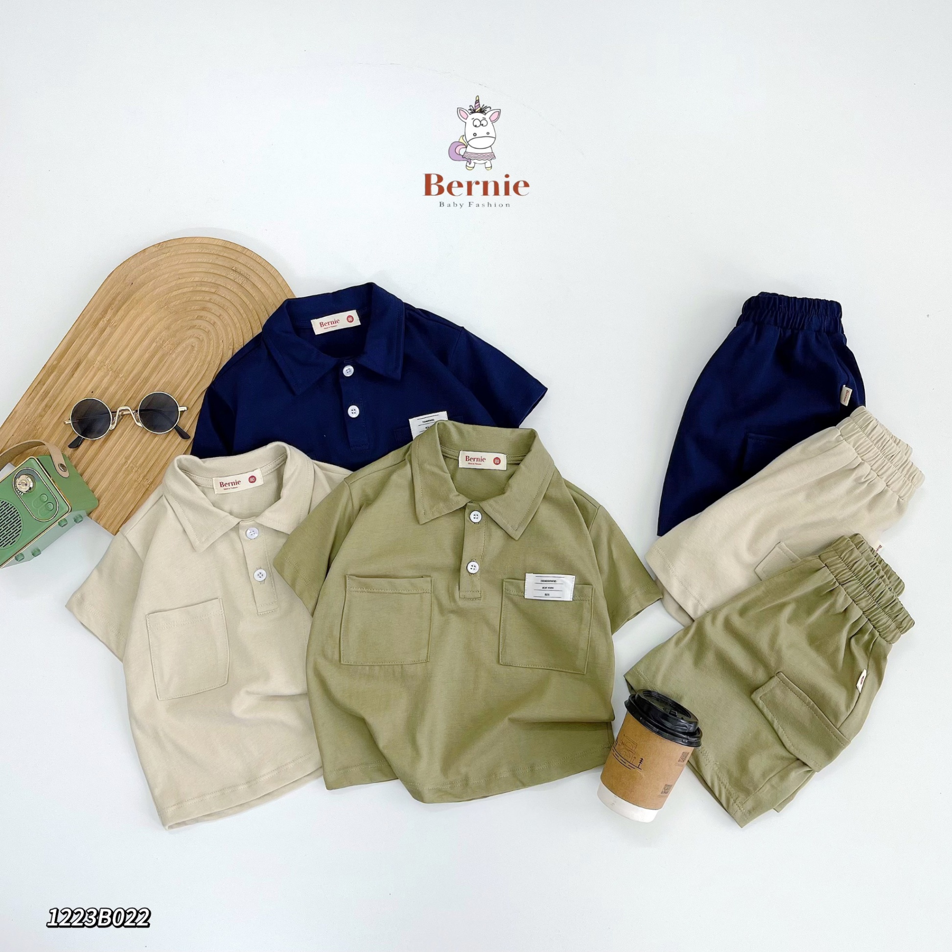 Bộ polo cotton cộc tay gắn tag Bernie cho bé