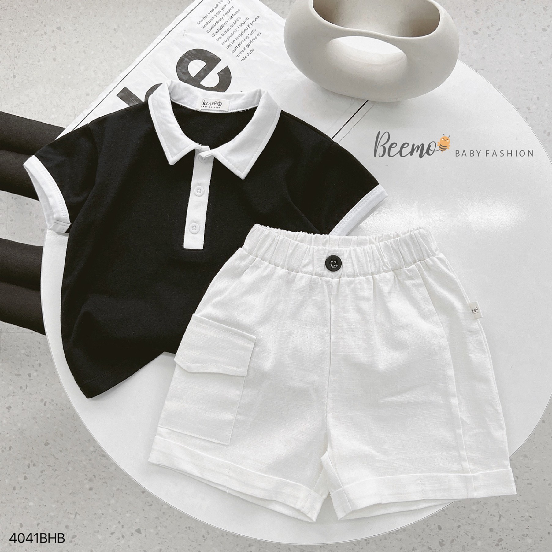 Bộ polo cotton cộc tay viền phối khuy kèm quần short (sooc) linen túi hộp Beemo cho bé