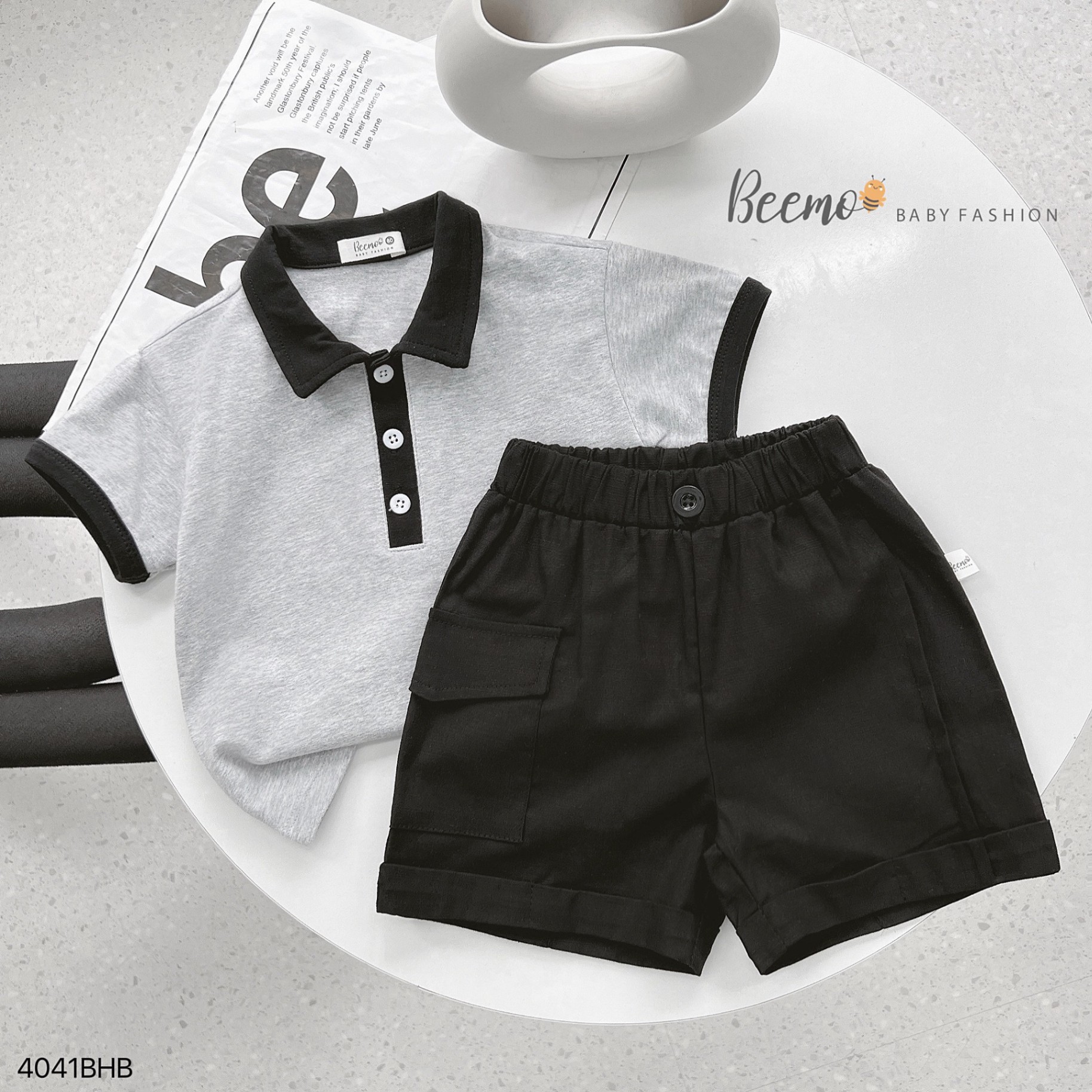 Bộ polo cotton cộc tay viền phối khuy kèm quần short (sooc) linen túi hộp Beemo cho bé