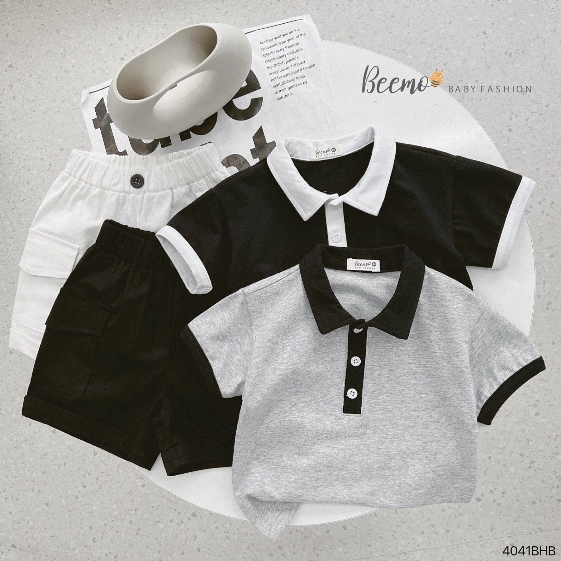 Bộ polo cotton cộc tay viền phối khuy kèm quần short (sooc) linen túi hộp Beemo cho bé