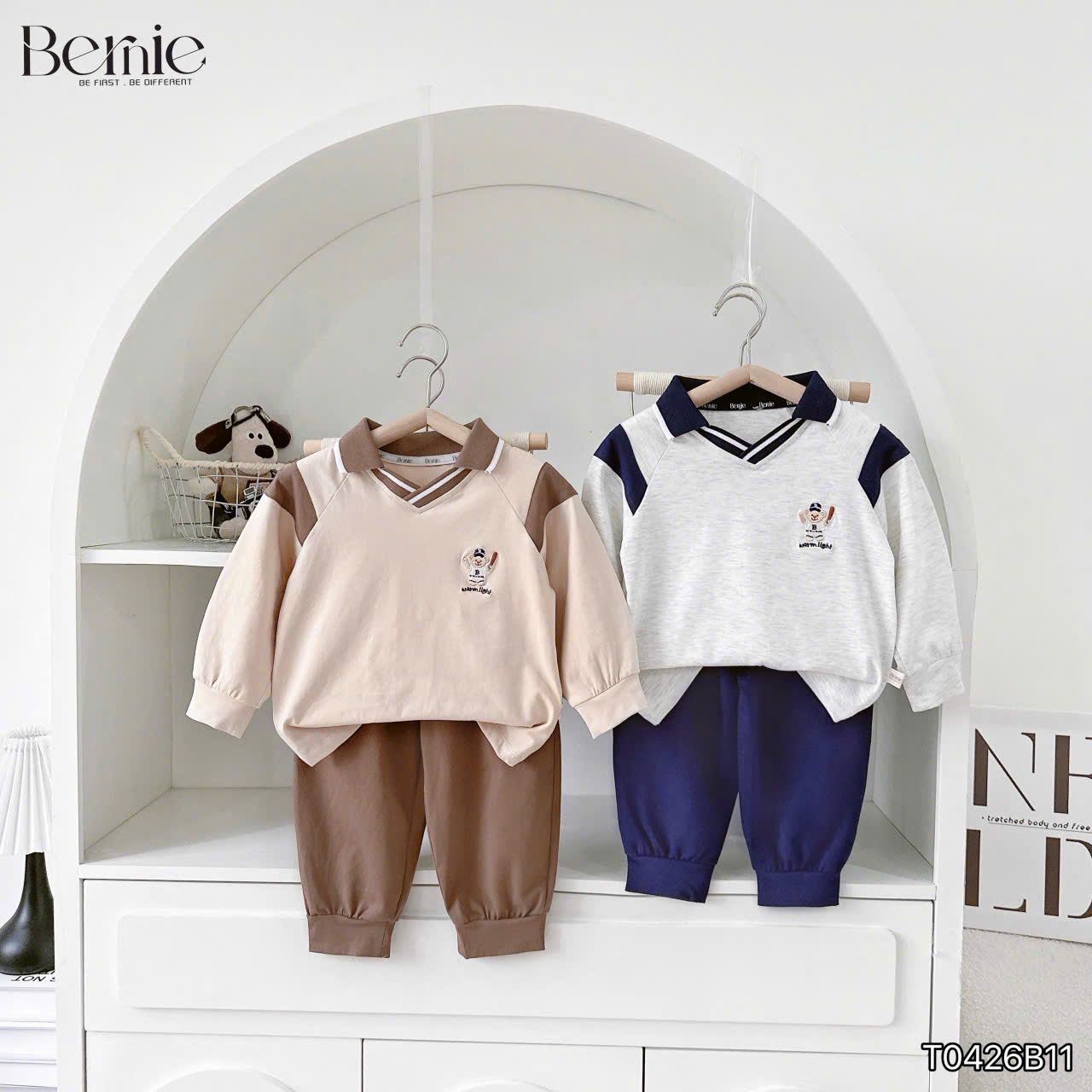 Bộ polo dài tay thêu hình gấu Bernie