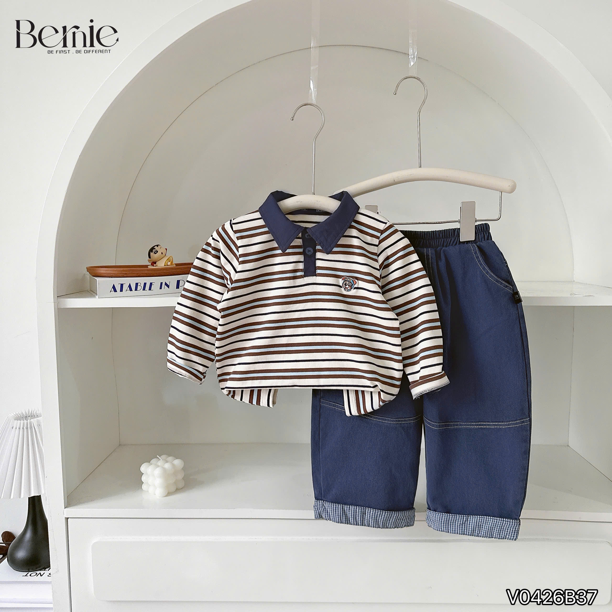 Bộ polo kẻ thêu cún Bernie