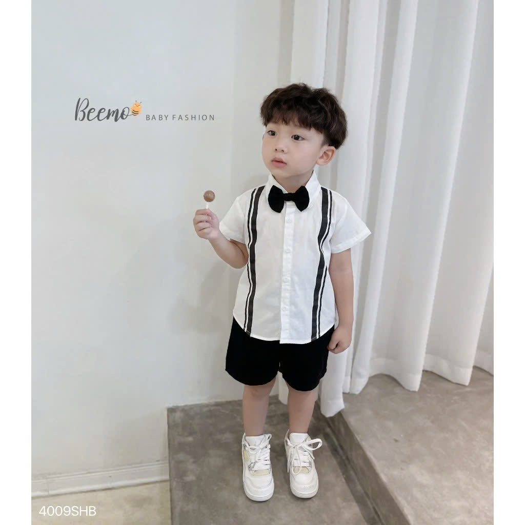 Bộ sơ mi cộc 3 chi tiết áo sơ mi in kèm nơ phối quần kaki Beemo cho bé trai