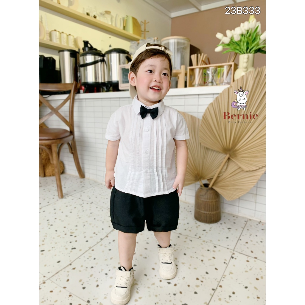 Bộ sơ mi cộc tay 3 chi tiết (áo trắng, quần sooc, nơ) Bernie cho bé