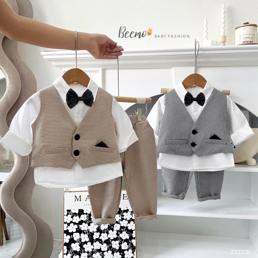 Bộ vest gile kèm nơ 4 chi tiết Beemo cho bé, set gile kẻ caro phong cách hàn quốc kèm nơ và sơ mi trắng dài tay cho bé
