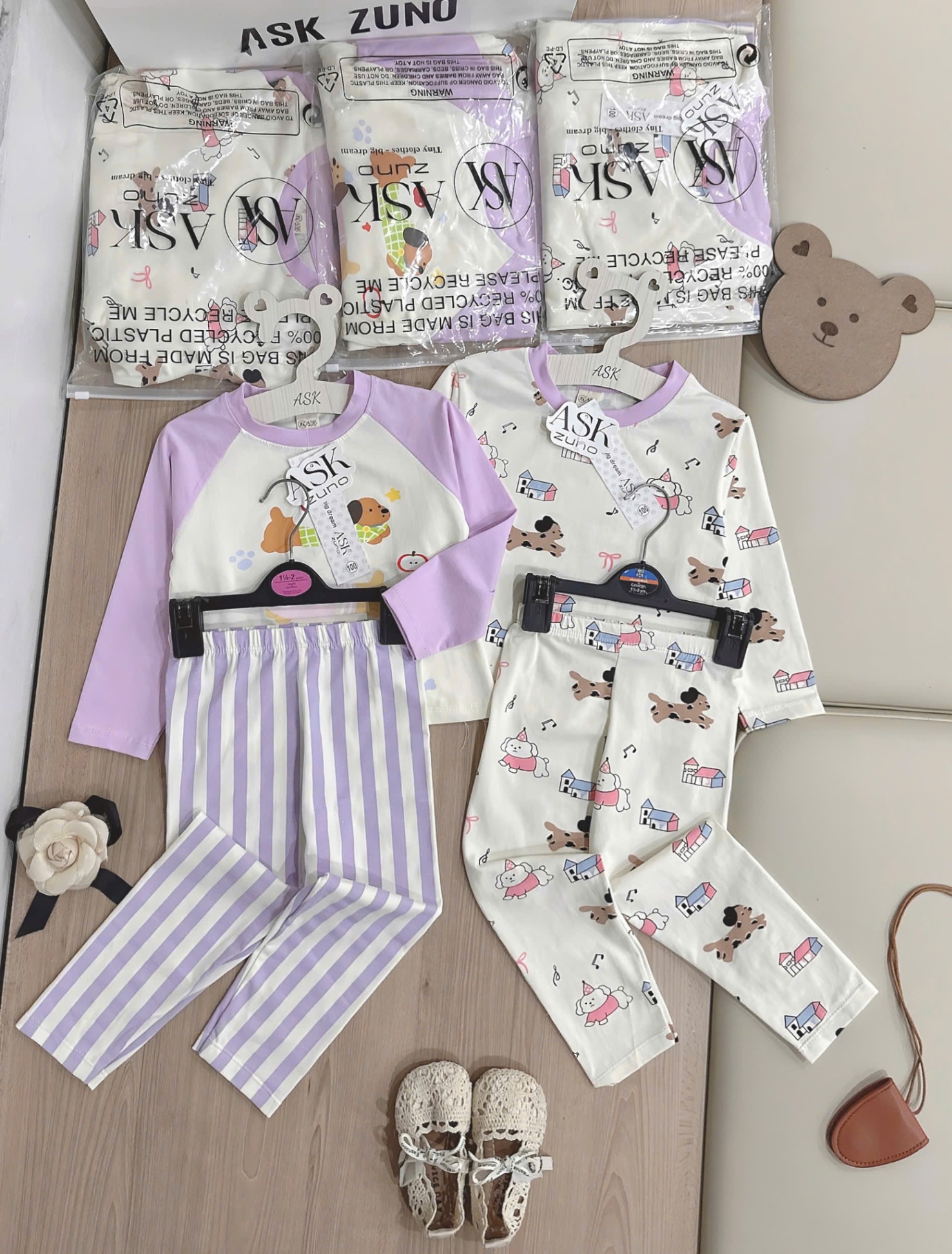 Set 2 bộ cún con nhỏ tone tím VNXK