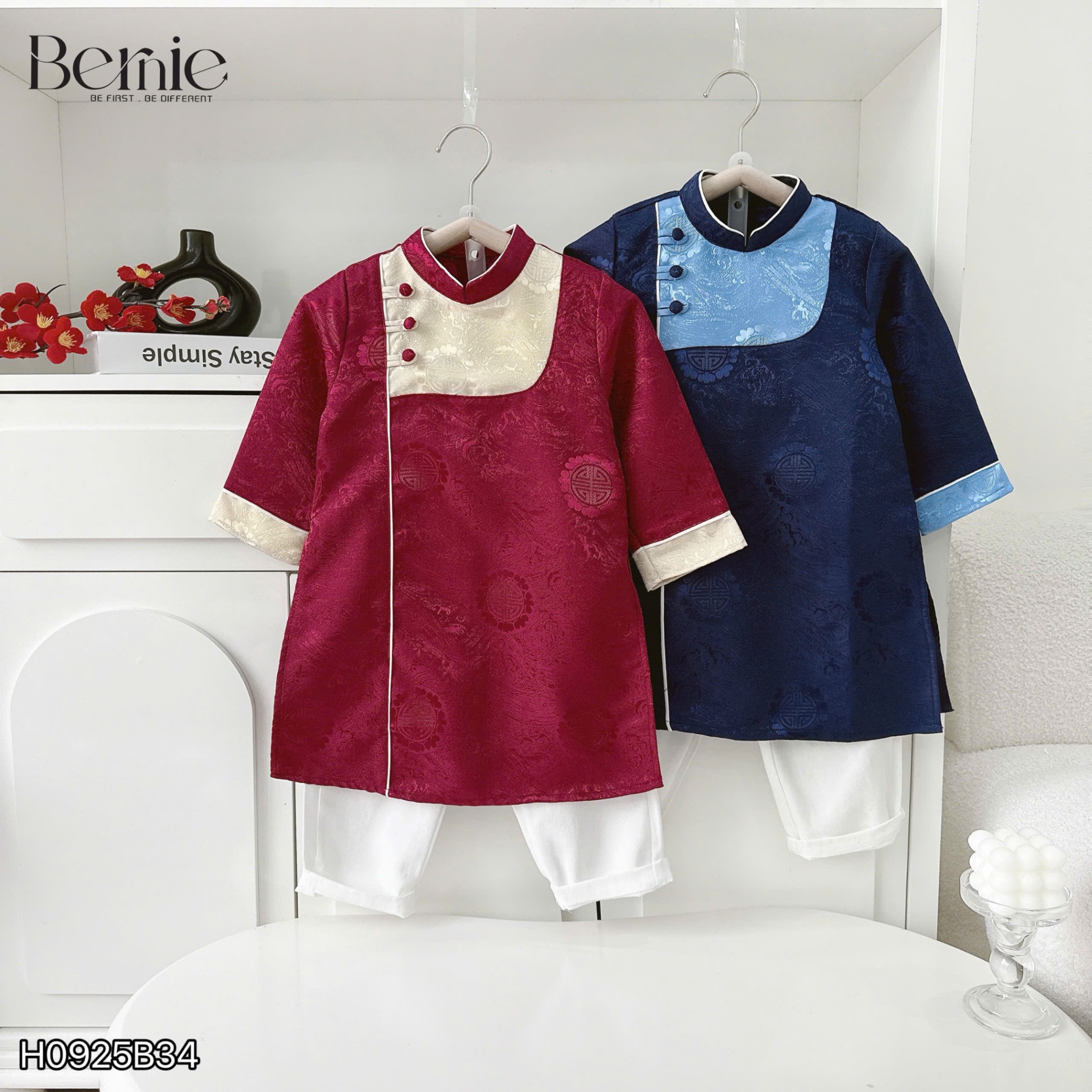 Set áo dài gấm kèm quần kaki minh quân Bernie