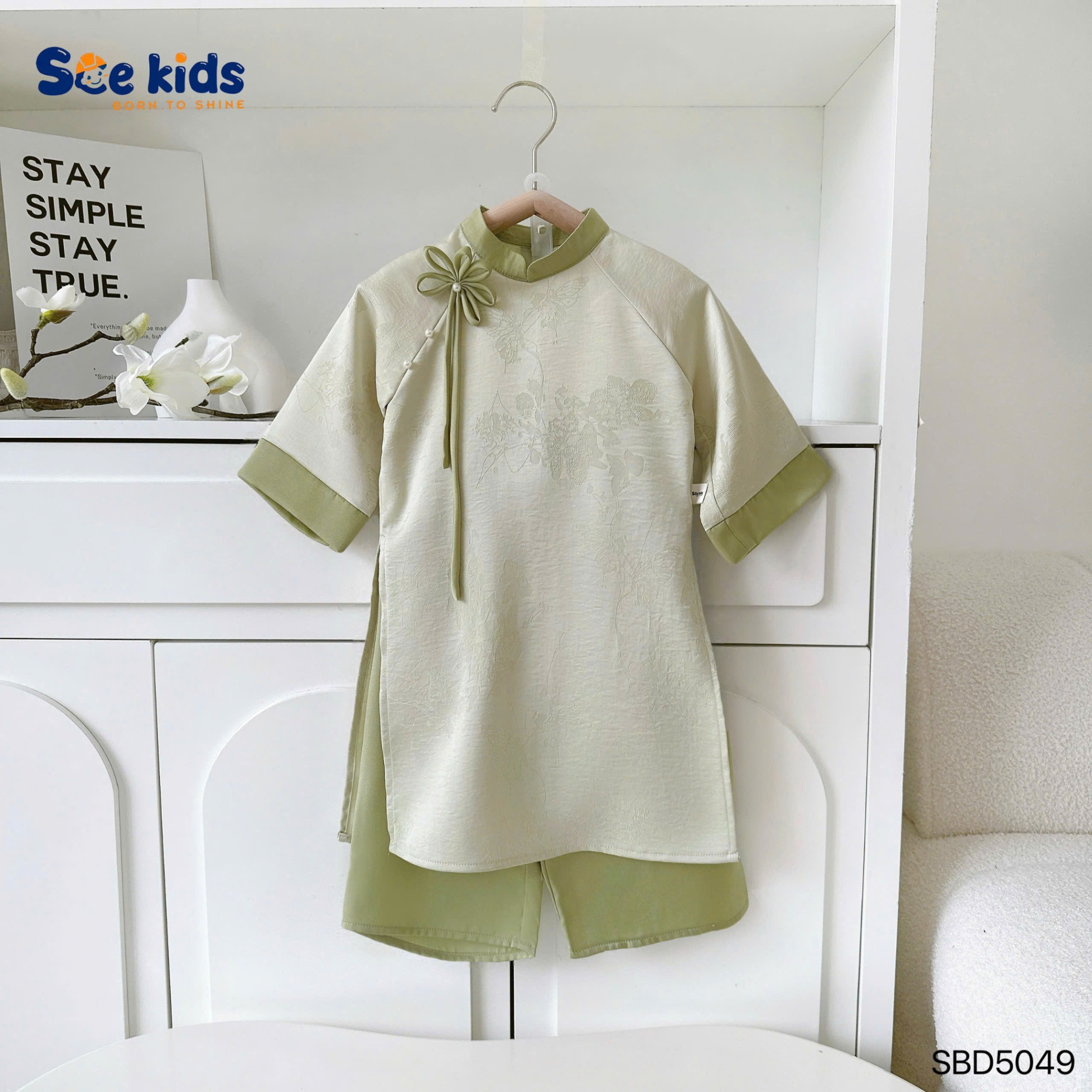 Set áo dài lụa ngọc trai hoa xuân SCE KIDS