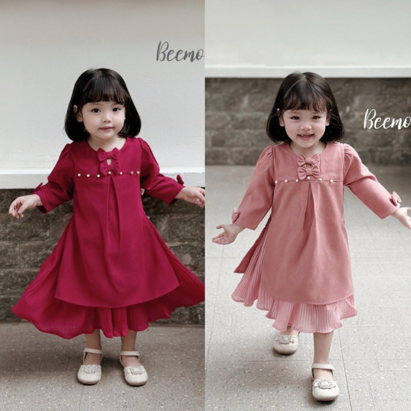 Set áo dài nhung chéo phối nơ Beemo cho bé gái, set áo dài kèm chân váy Beemo cho bé gái