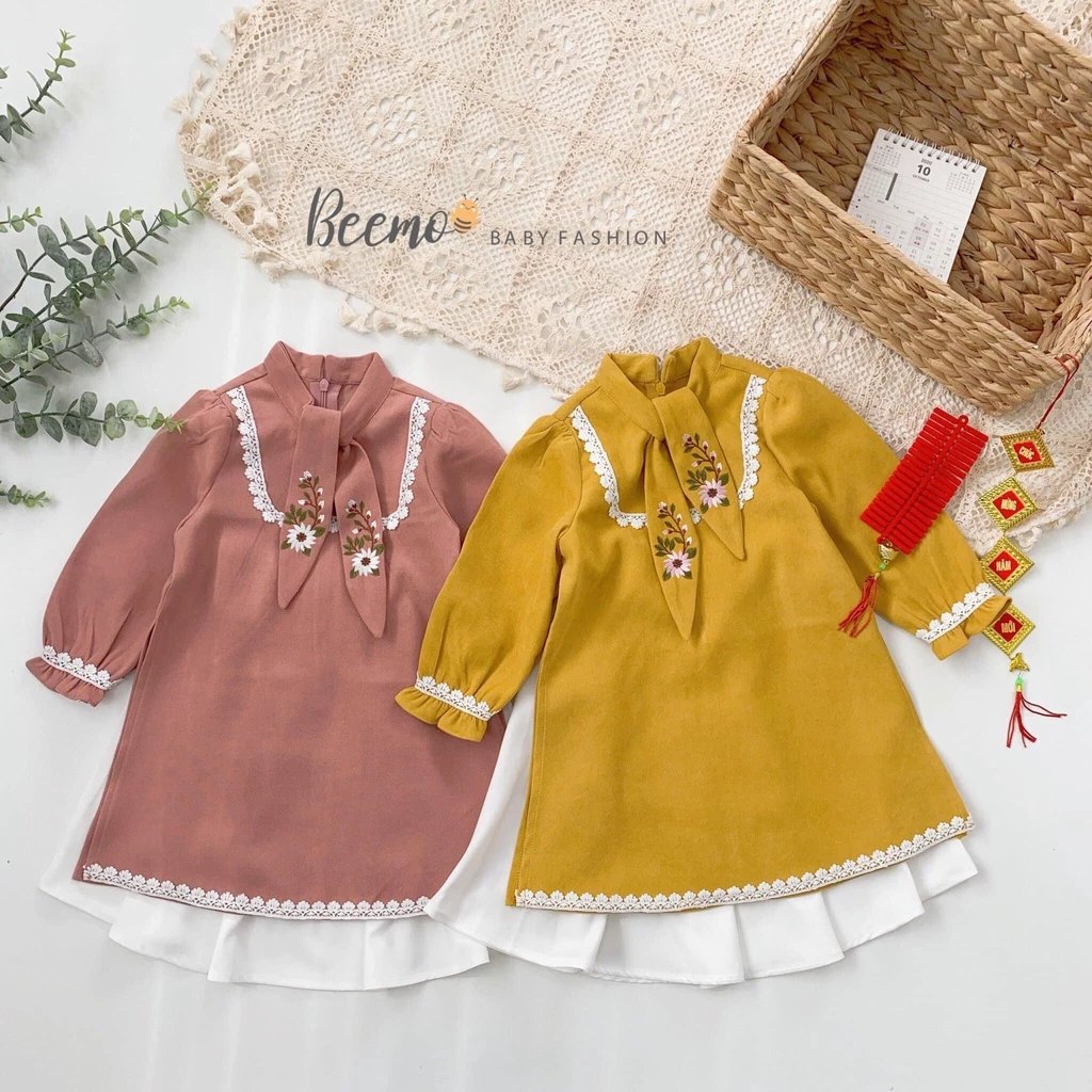 Set áo dài nơ cổ thêu hoa Beemo cho bé gái