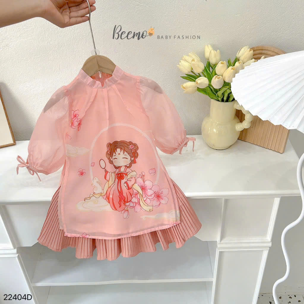 Set áo dài tơ tay bồng in hình Beemo cho bé gái