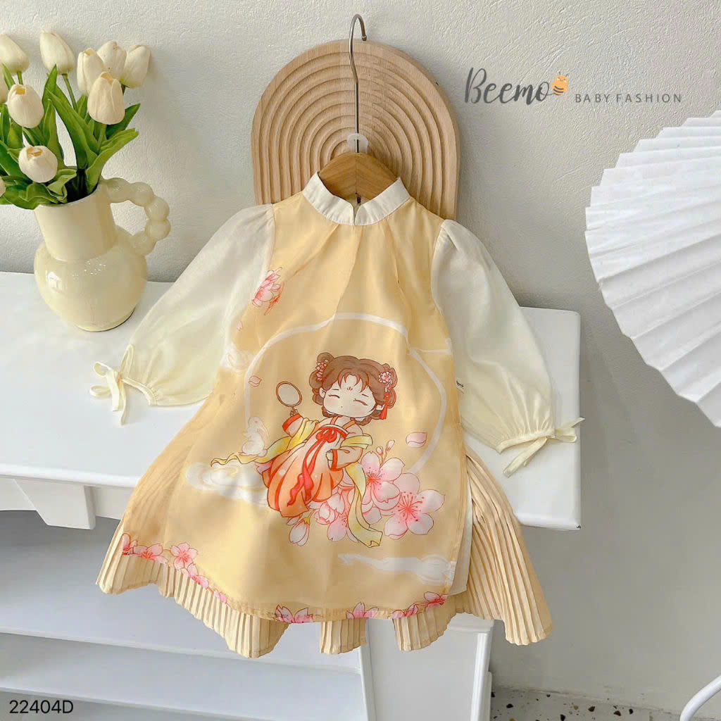 Set áo dài tơ tay bồng in hình Beemo cho bé gái