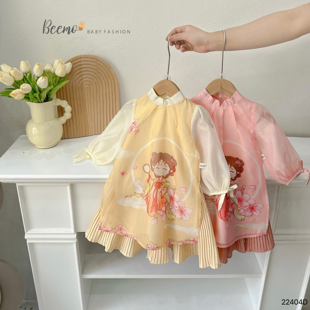 Set áo dài tơ tay bồng in hình Beemo cho bé gái