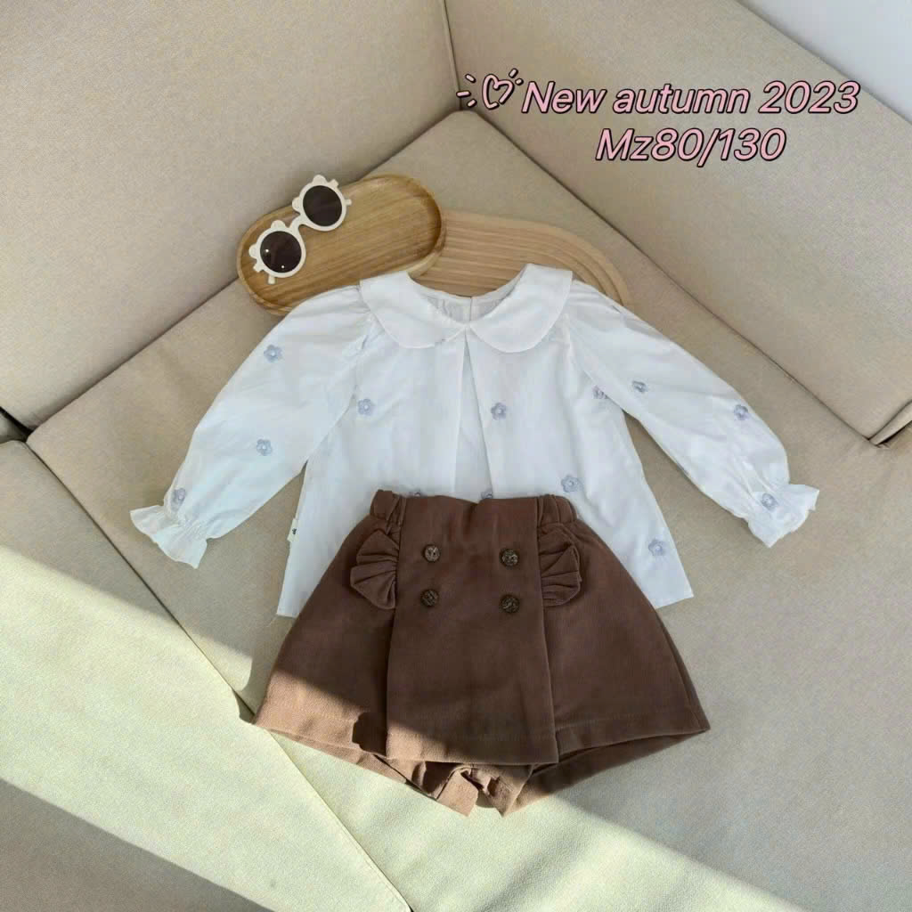 Set áo sơ mi cổ sen dài tay thêu hoa kèm quần chân váy Mozi cho bé gái