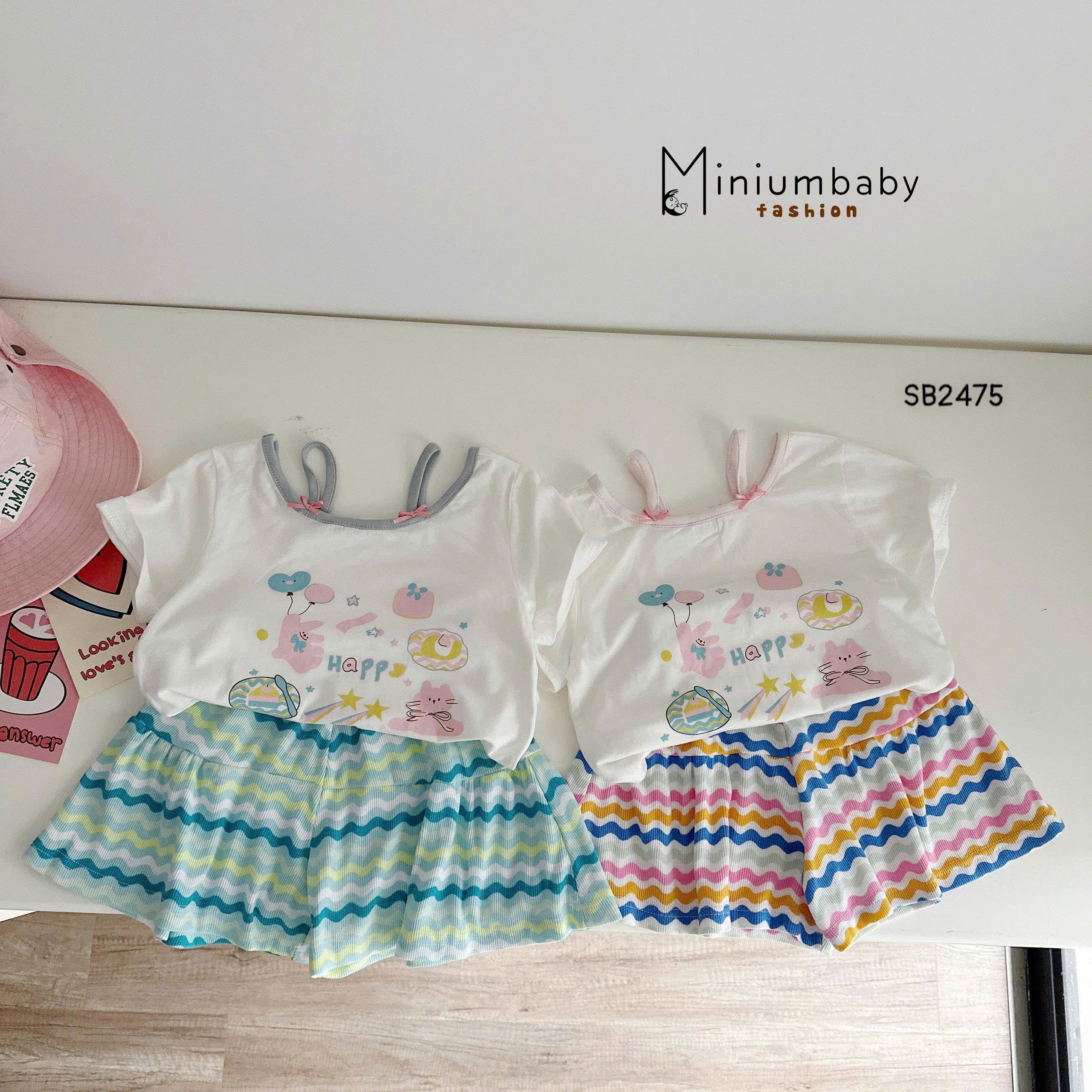 Set bé gái áo cổ nơ phối quần váy MINIUMBABY