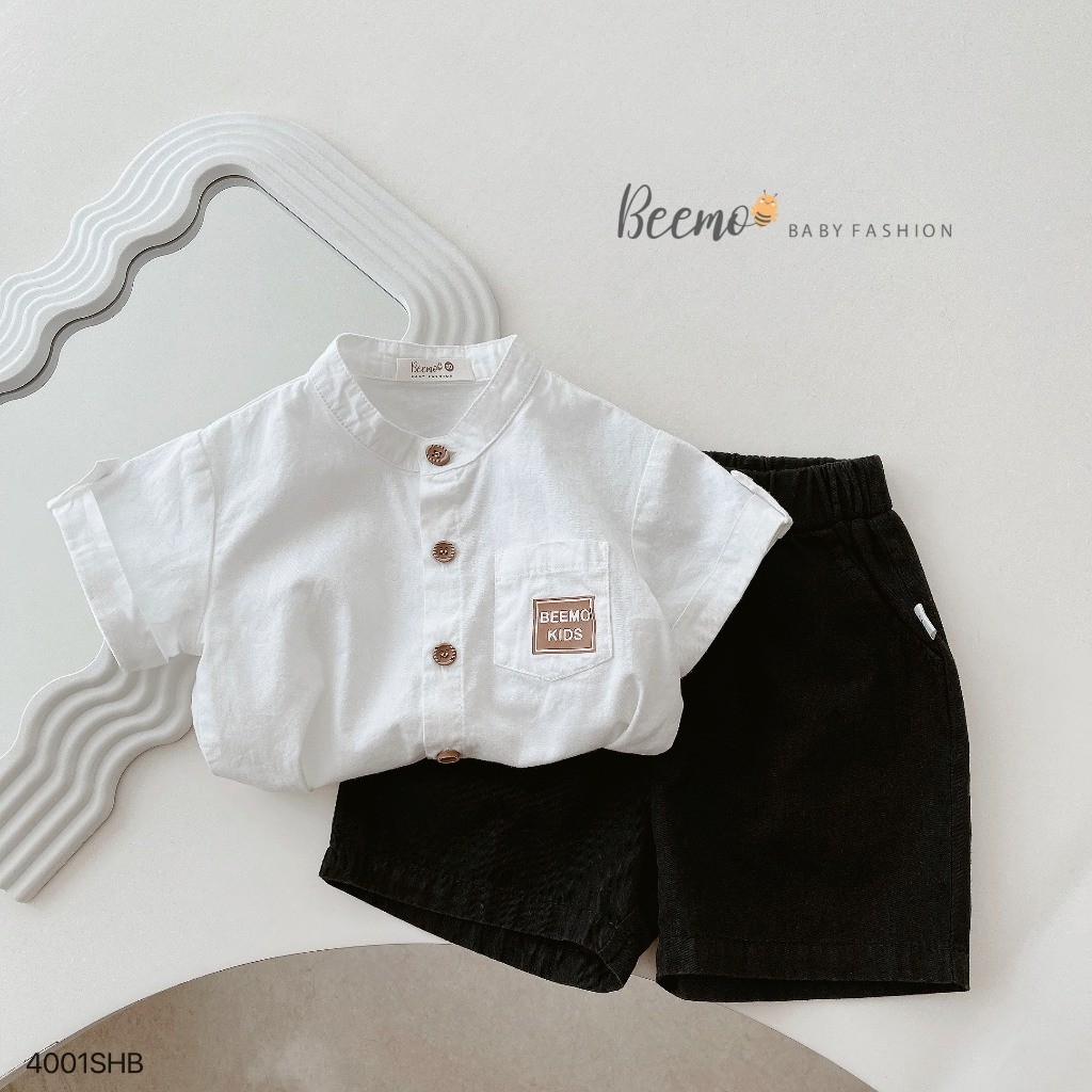 Set bộ sơ mi cổ tàu cộc tay Beemo phối túi phong cách Hàn Quốc chất thô mềm cho bé