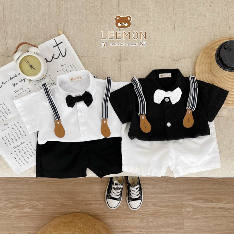 Set bộ sơ mi công tử cộc tay phối đai kèm nơ cổ Beemo cho bé