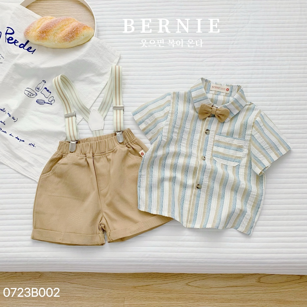 Set bộ sơ mi công tử kẻ cộc tay 4 chi tiết kèm nơ và đai